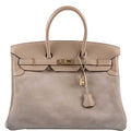 Hermes Birkin 35 Grizzly Argile Veau Doblis Suede & Swift Permabrass Hardware - 2014, R Square