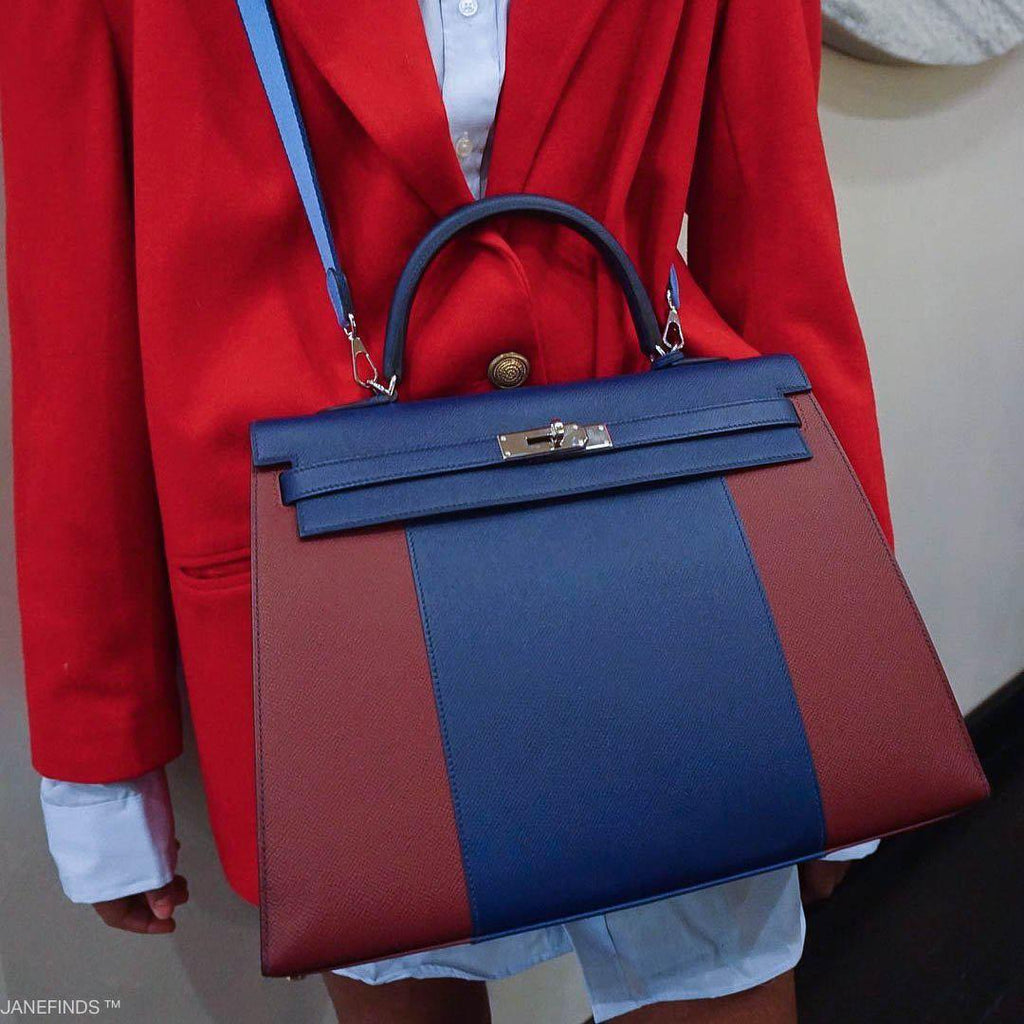 Hermes Flag Kelly 35 Sellier Blue Saphir & Rouge H Epsom Palladium Hardware - 2014, R Square