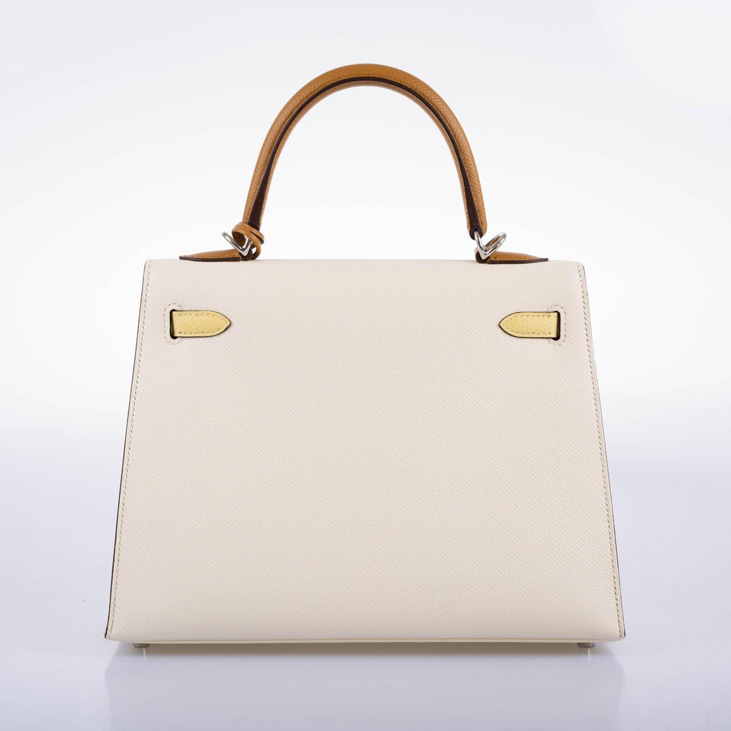 Hermes Kelly 25 Sellier Limited Edition Tri-Color Nata, Jaune Poussin and Sesame Epsom Palladium Hardware - 2020, Y