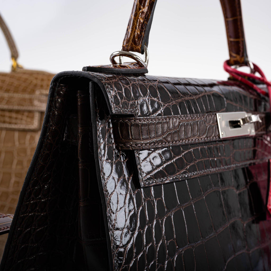 Hermes Kelly 28 Sellier Macassar, Ebene, Miel and Rose Extreme Alligator Palladium Hardware - 2021, Z