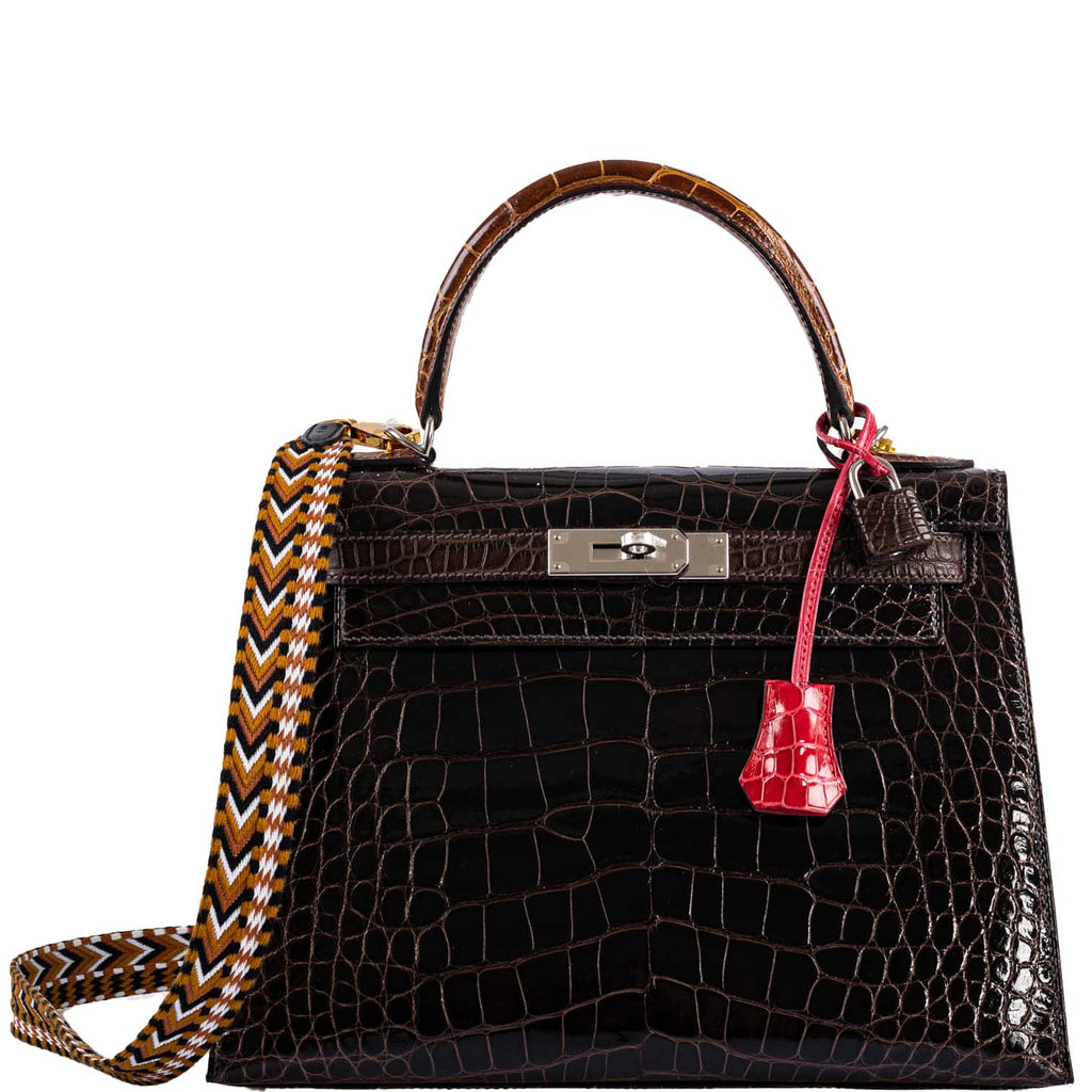 Hermes Kelly 28 Sellier Macassar, Ebene, Miel and Rose Extreme Alligator Palladium Hardware - 2021, Z