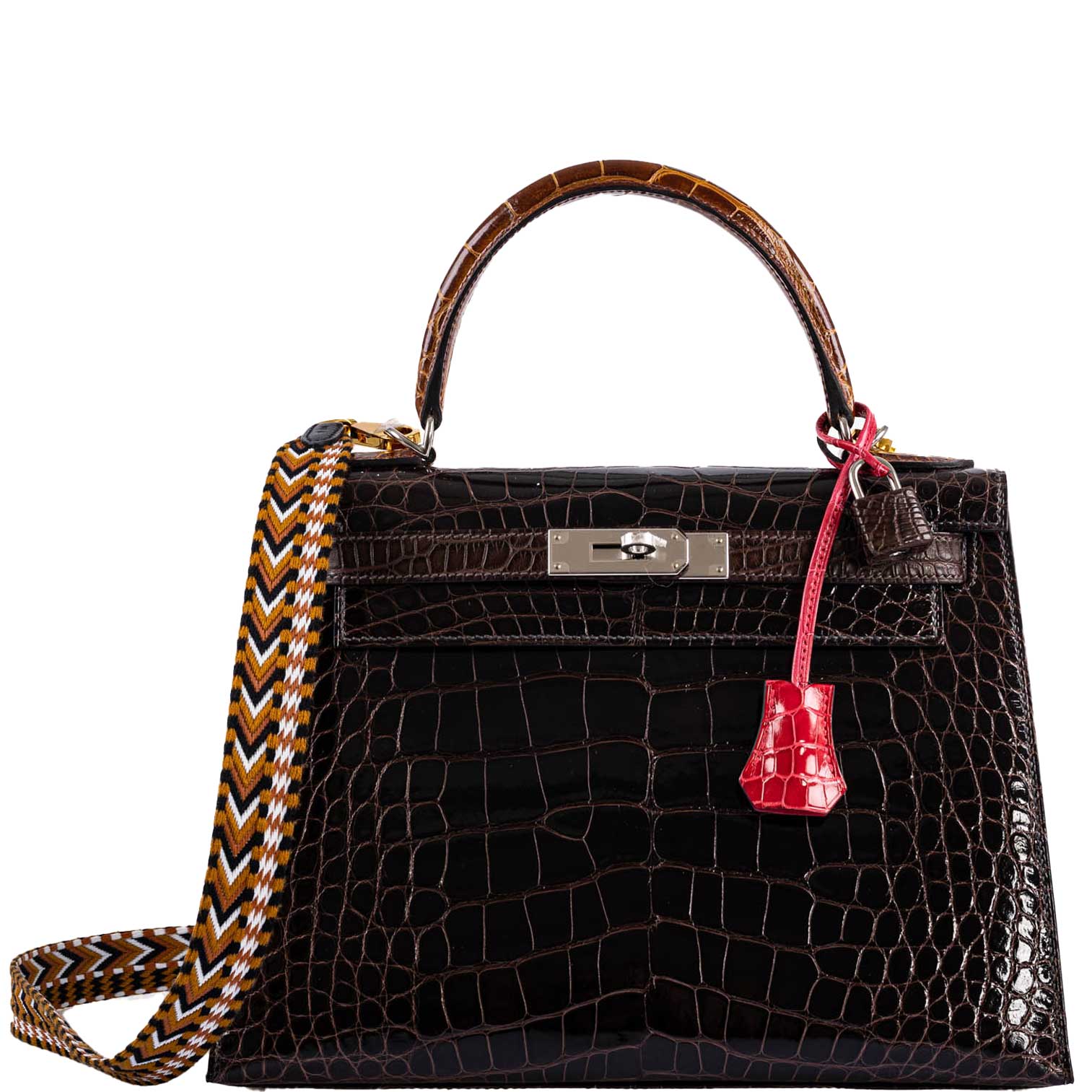 Hermes Kelly 28 Sellier Macassar, Ebene, Miel and Rose Extreme Alligator Palladium Hardware - 2021, Z