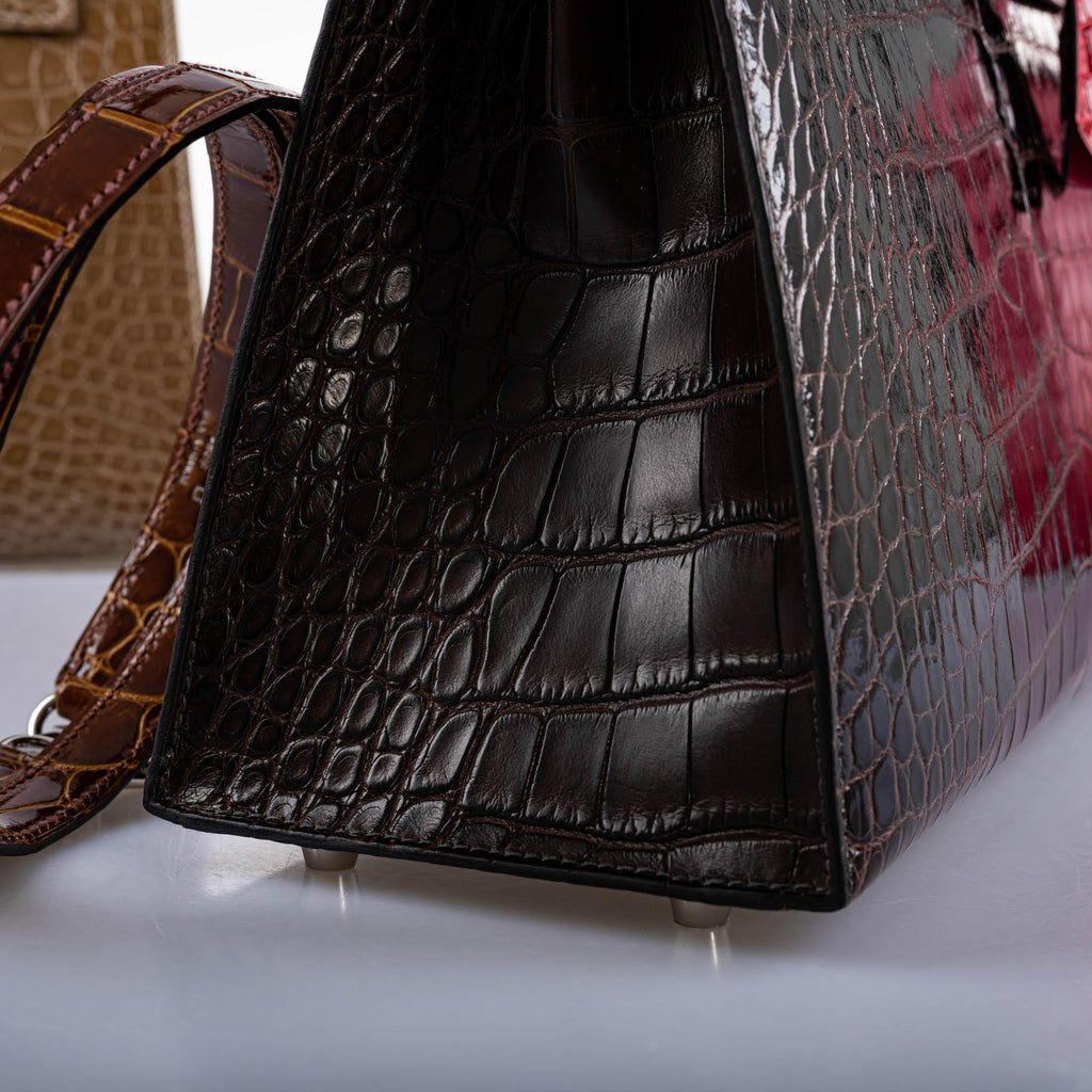 Hermes Kelly 28 Sellier Macassar, Ebene, Miel and Rose Extreme Alligator Palladium Hardware - 2021, Z