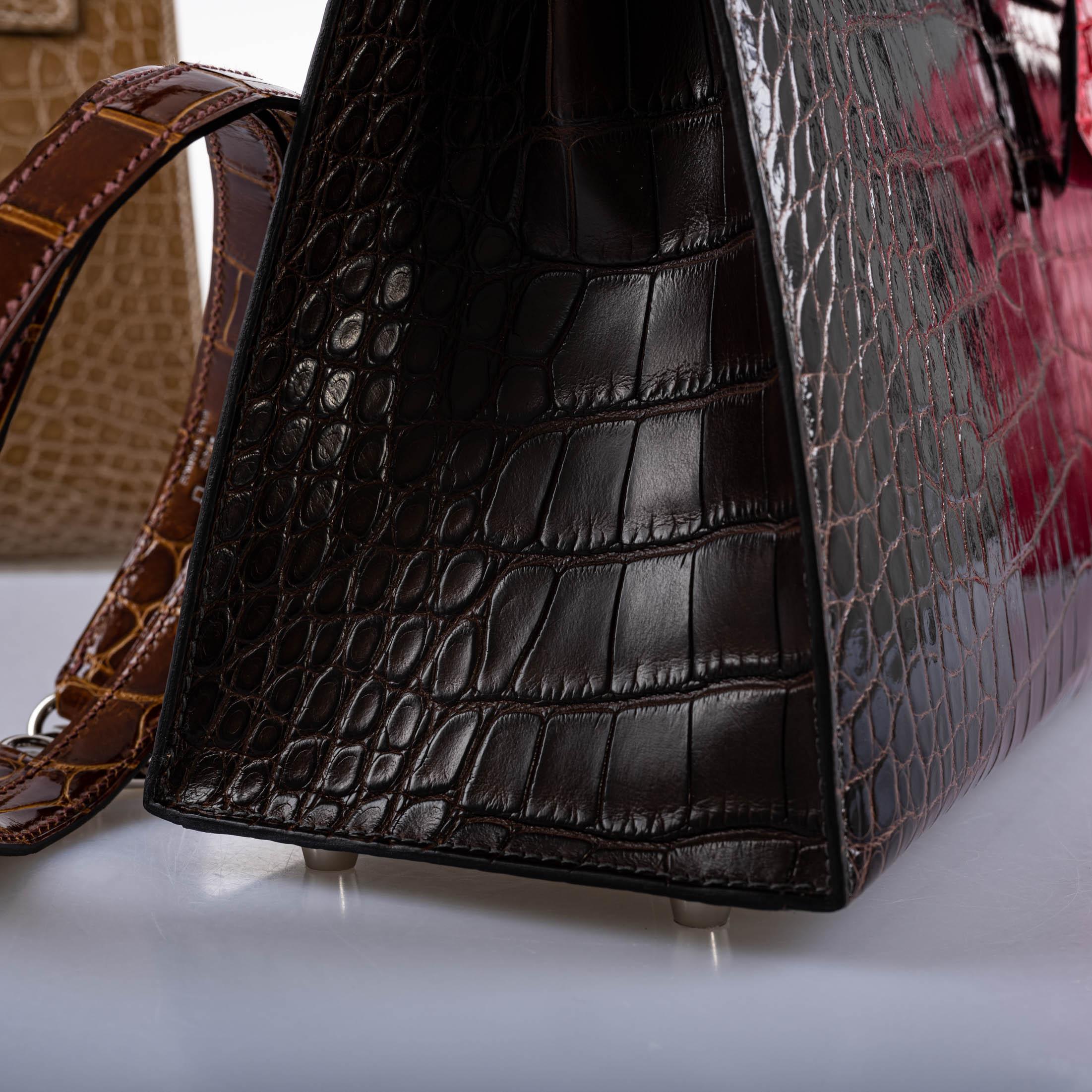 Hermes Kelly 28 Sellier Macassar, Ebene, Miel and Rose Extreme Alligator Palladium Hardware - 2021, Z