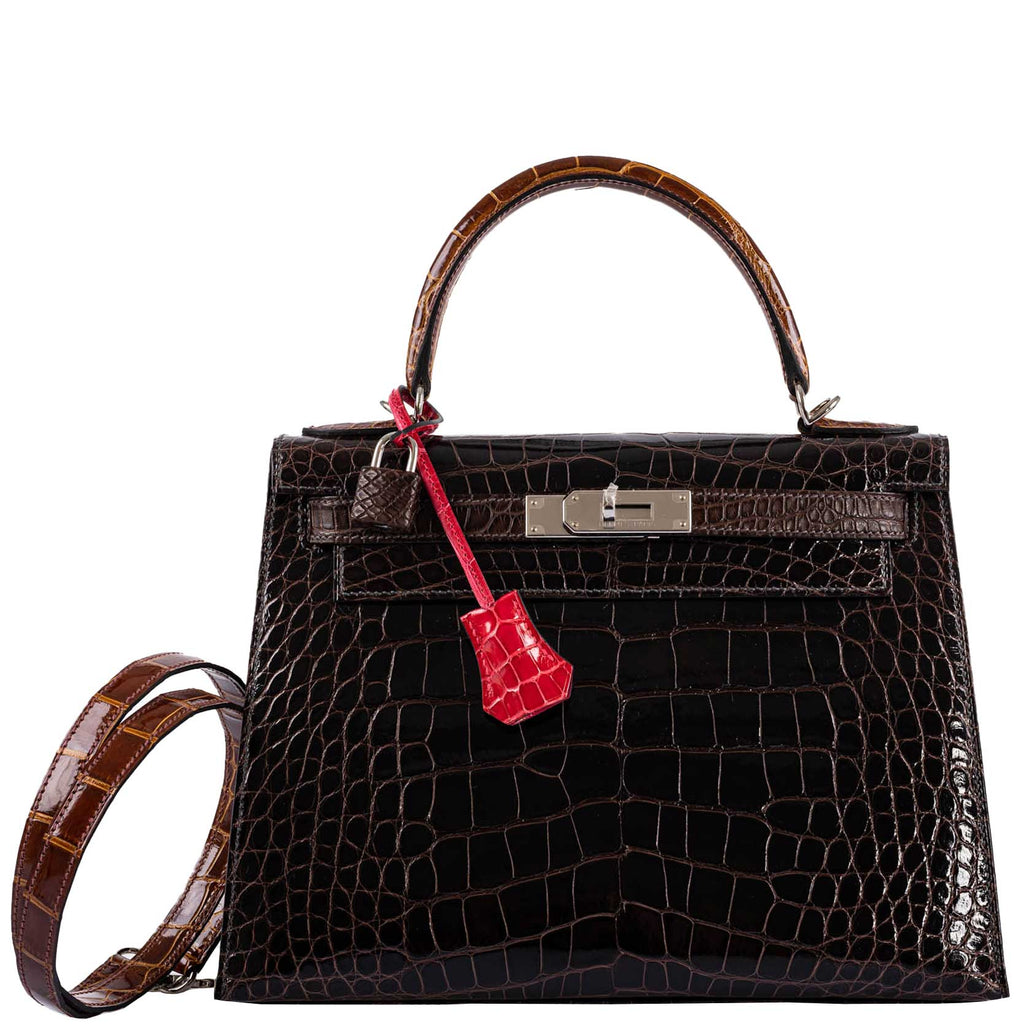 Hermes Kelly 28 Sellier Macassar, Ebene, Miel and Rose Extreme Alligator Palladium Hardware - 2021, Z