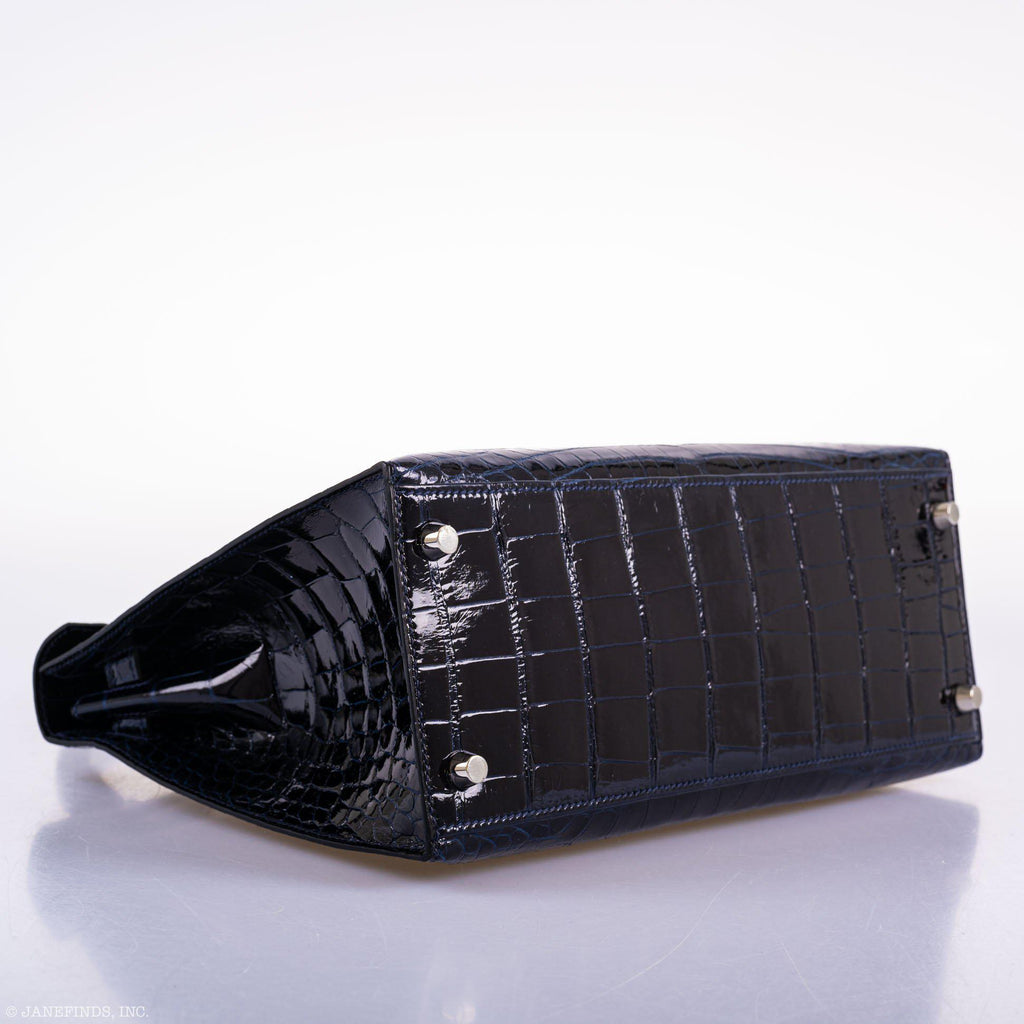 Hermes Kelly 28 Sellier Verso Blue Marine Nilo Crocodile & Rose Scheherazade Palladium Hardware - 2019, D