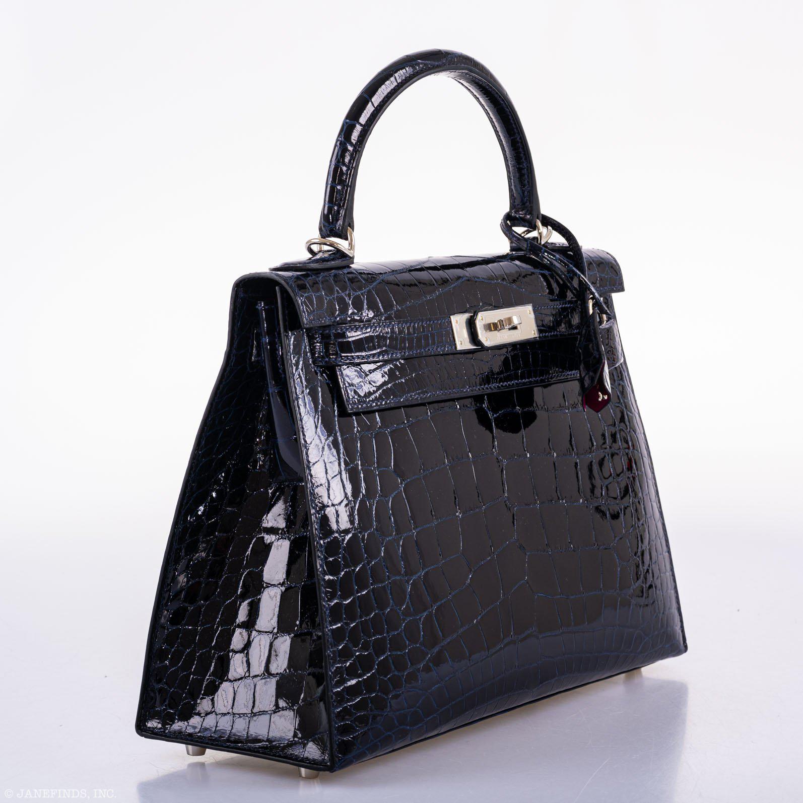 Hermes Kelly 28 Sellier Verso Blue Marine Nilo Crocodile & Rose Scheherazade Palladium Hardware - 2019, D