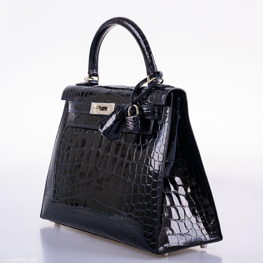 Hermes Kelly 28 Sellier Verso Blue Marine Nilo Crocodile & Rose Scheherazade Palladium Hardware - 2019, D
