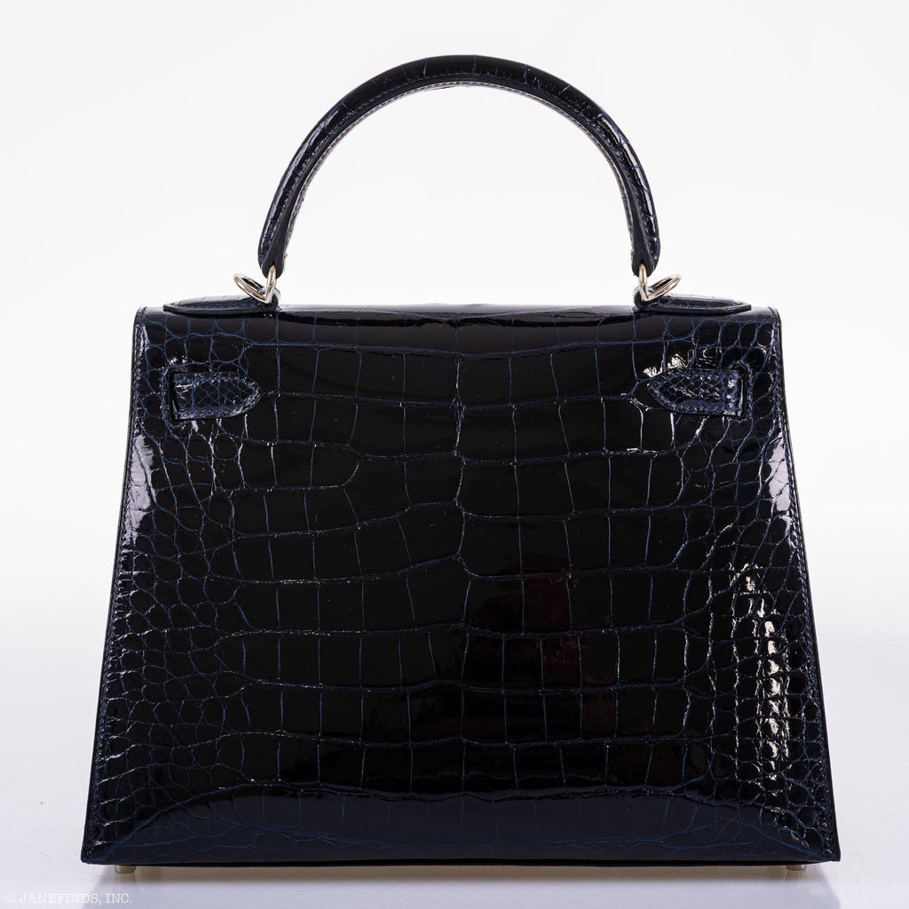 Hermes Kelly 28 Sellier Verso Blue Marine Nilo Crocodile & Rose Scheherazade Palladium Hardware - 2019, D