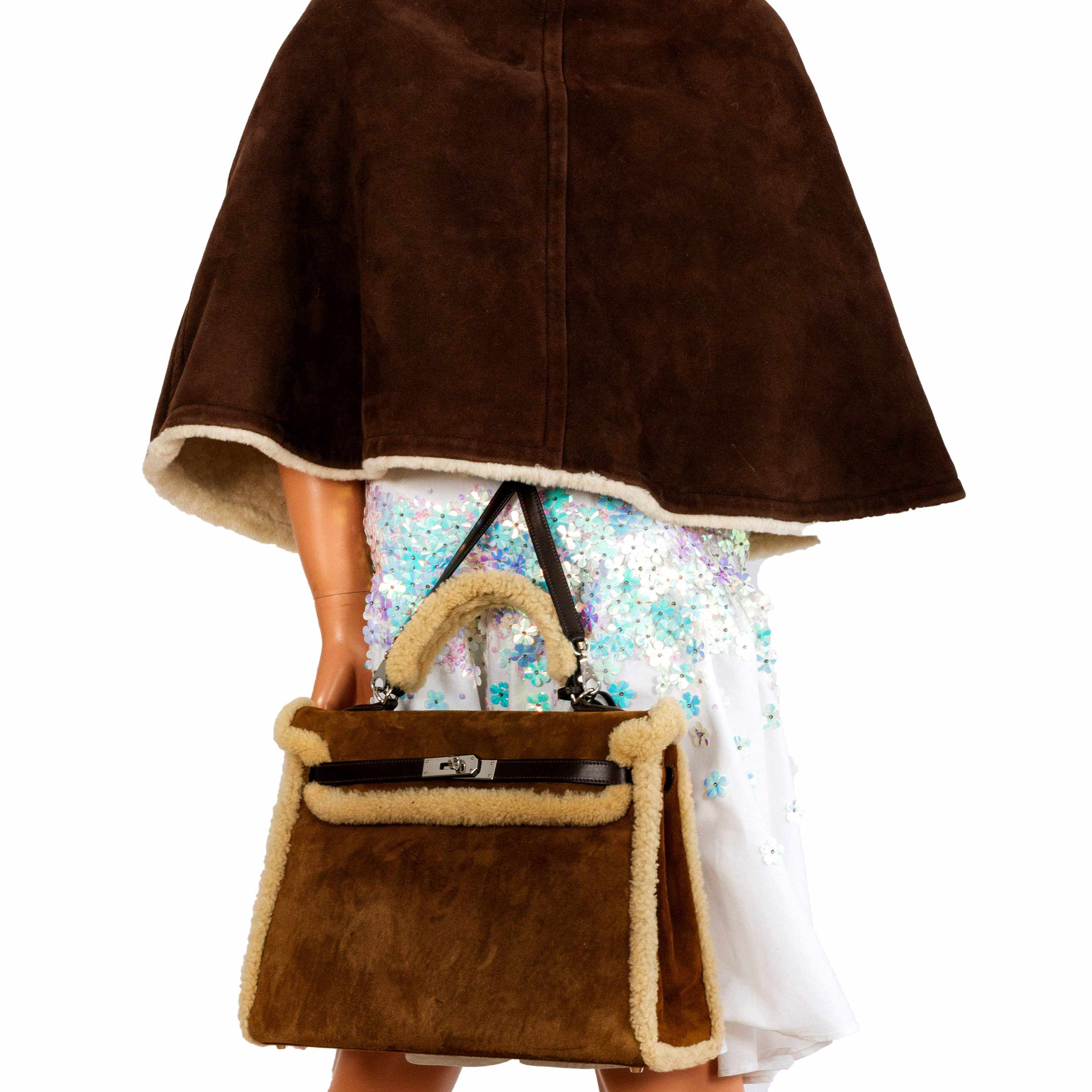 Hermes Kelly 35 Retourne Teddy Shearling & Ebene Barenia Palladium Hardware