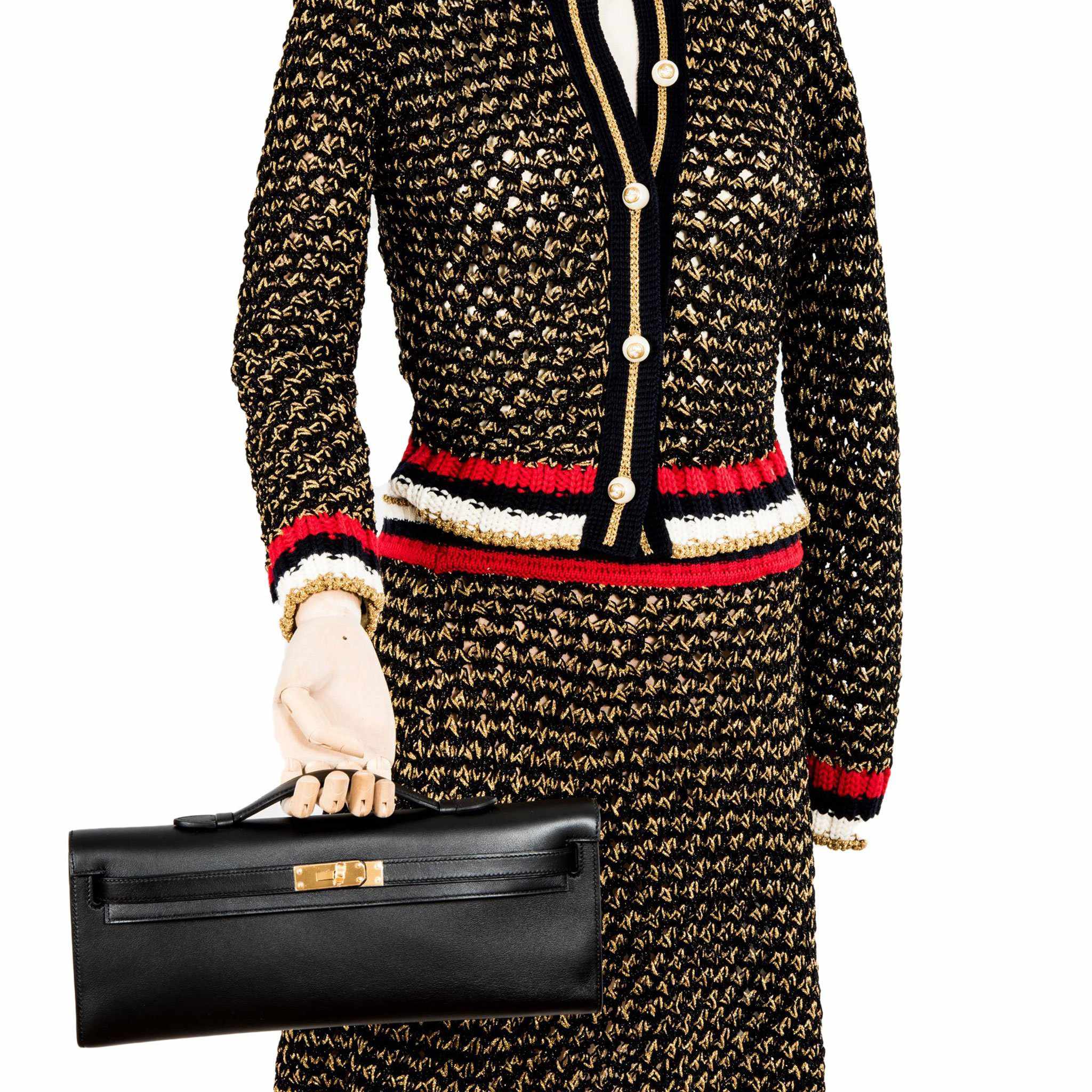 Hermes Kelly Cut Clutch Black Swift leather Gold Hardware