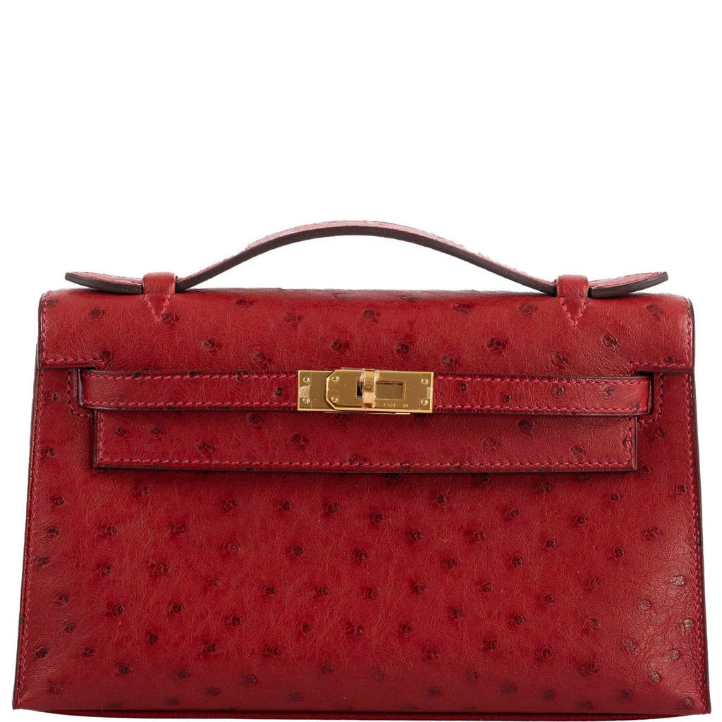 Hermes Kelly Mini Pochette Rouge Vif Ostrich Gold Hardware - 2017, A