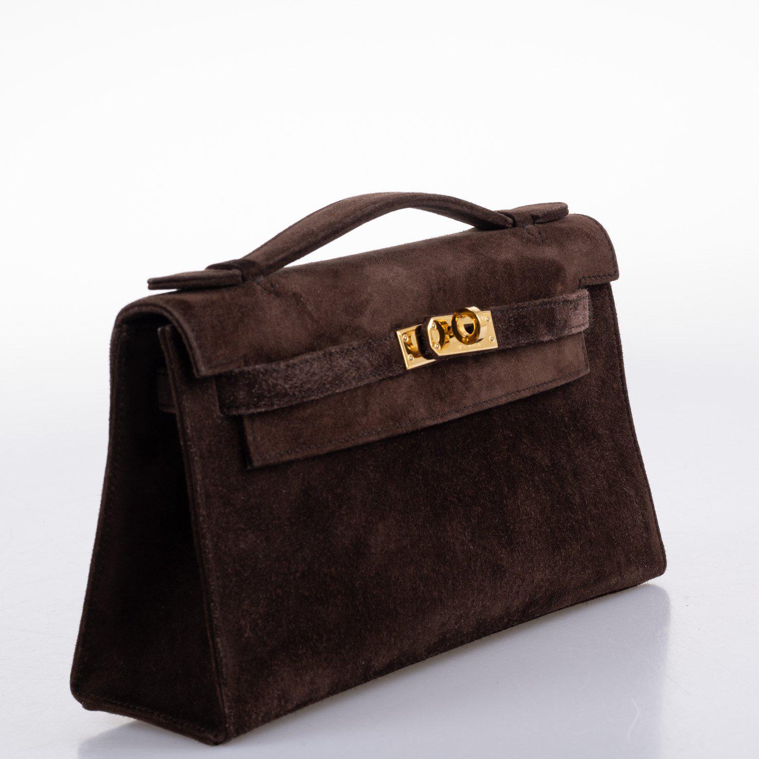 Hermes Kelly Pochette Chocolate Veau Doblis Suede Gold Hardware - 2014, R Square