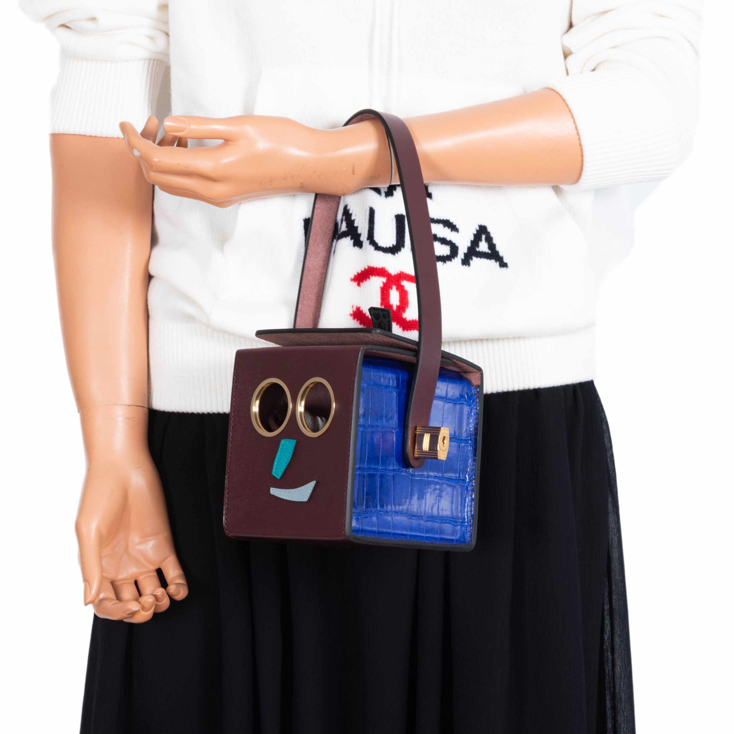Hermes Minaudière Robot petit h Bag Blue Electric & Black Porosus Crocodile Golden Brass Hardware * Very Special