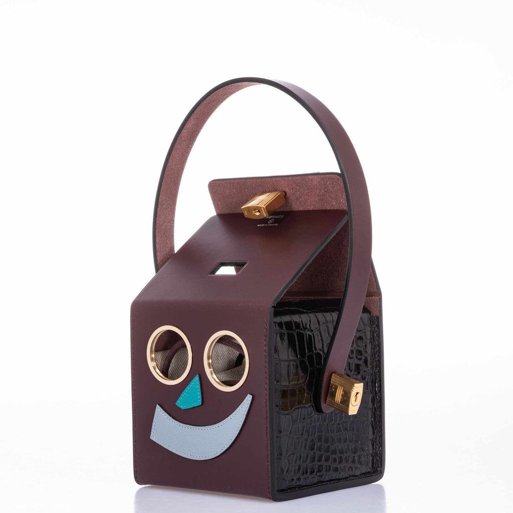 Hermes Minaudière Robot petit h Bag Blue Electric & Black Porosus Crocodile Golden Brass Hardware * Very Special