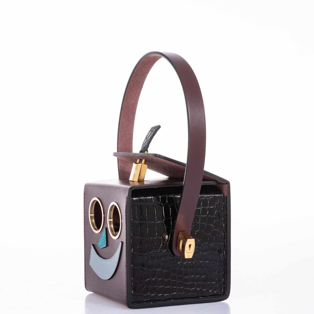 Hermes Minaudière Robot petit h Bag Blue Electric & Black Porosus Crocodile Golden Brass Hardware * Very Special