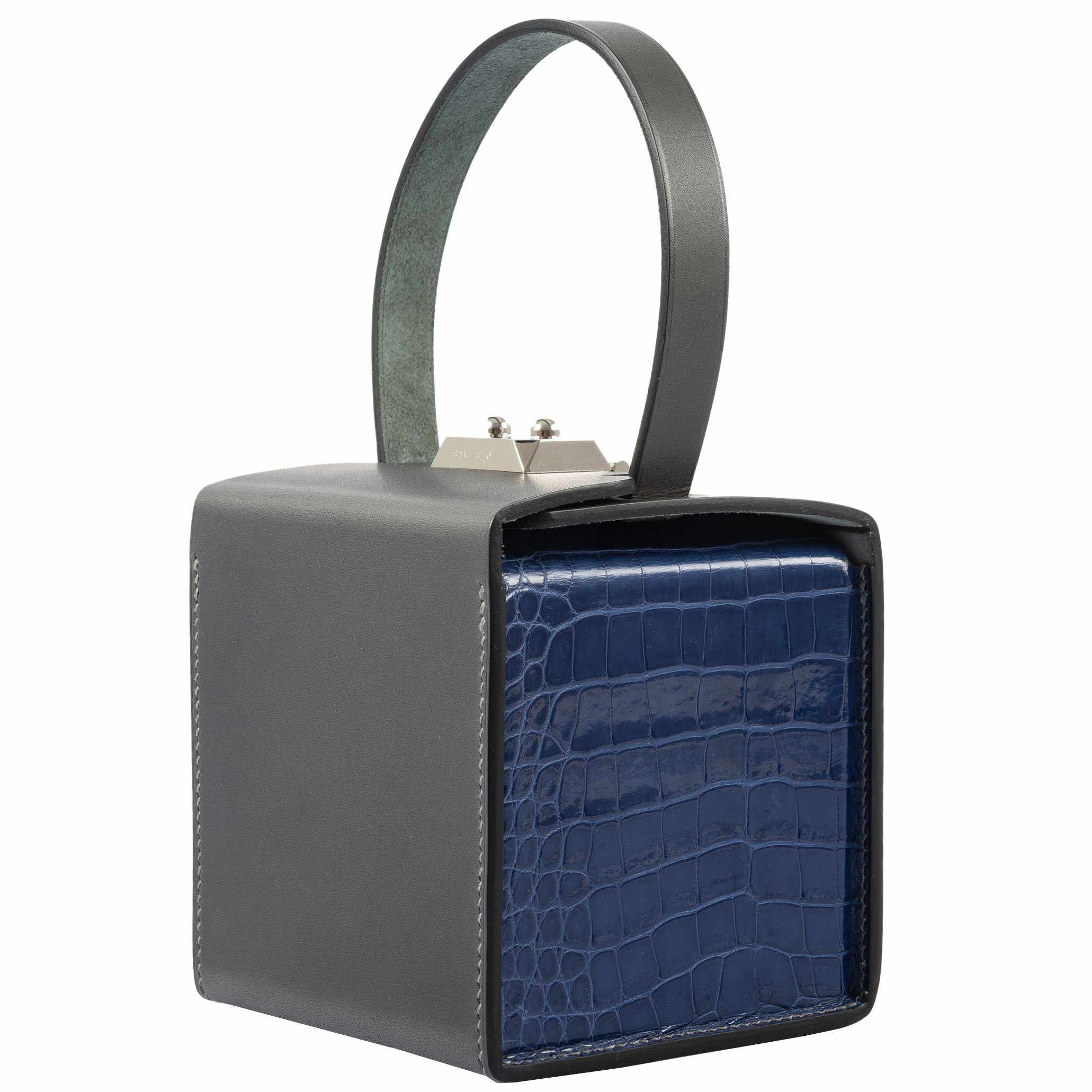 Hermes Minaudière petit h Box Bag, Gray, Saphir, Ambre Porosus Crocodile Silver Hardware