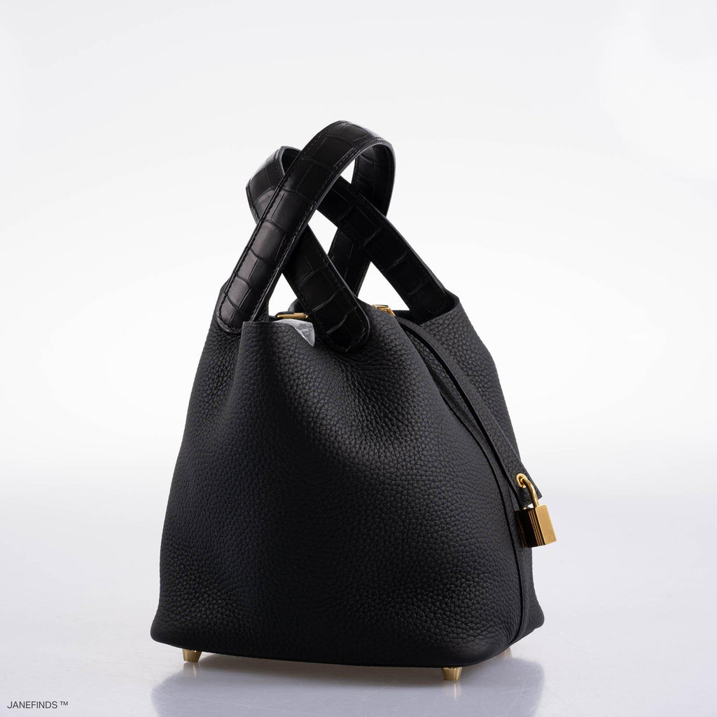 Hermes Picotin Lock Touch 18 PM Black Taurillon Clemence & Matte Alligator Gold Hardware