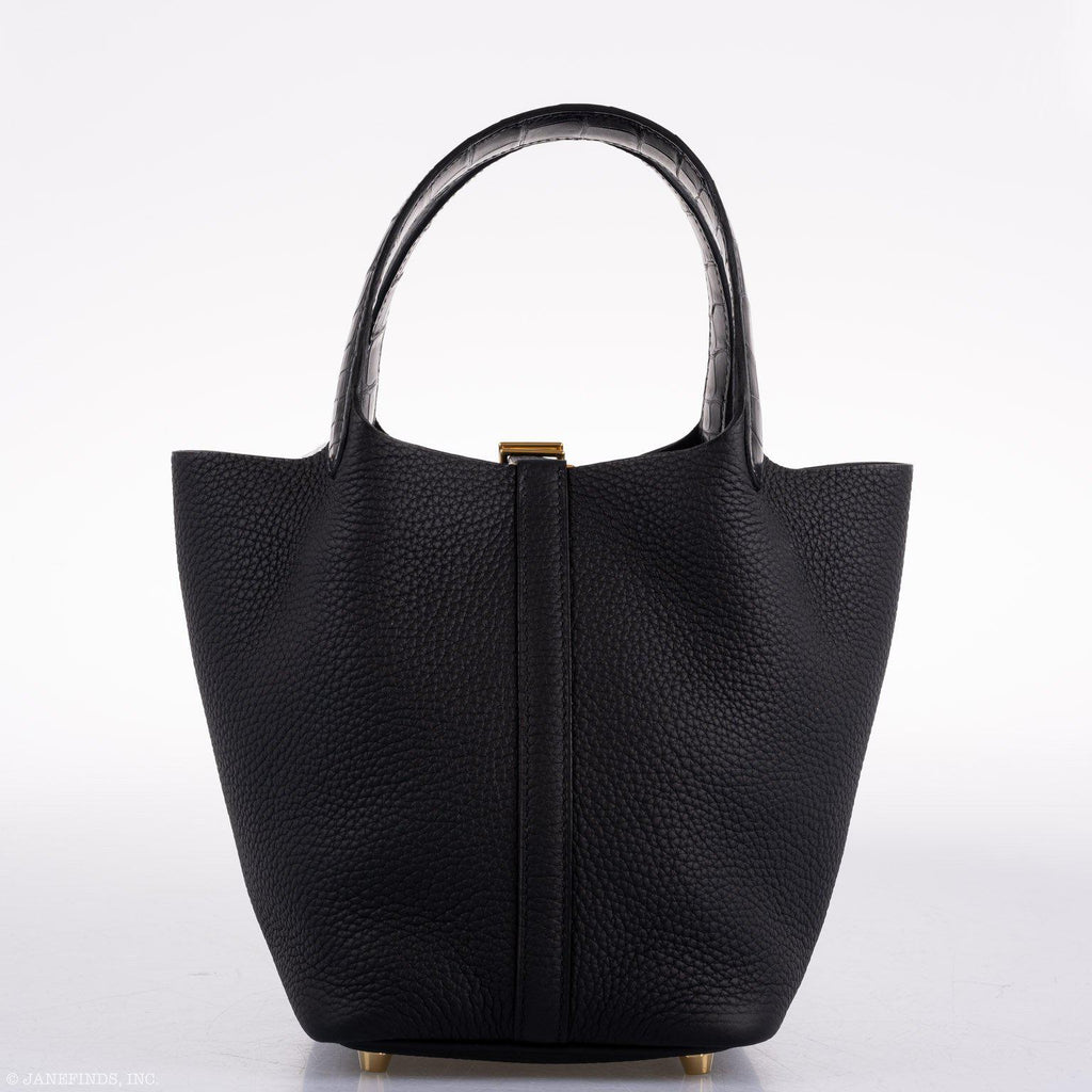 Hermes Picotin Lock Touch 18 PM Black Taurillon Clemence & Matte Alligator Gold Hardware