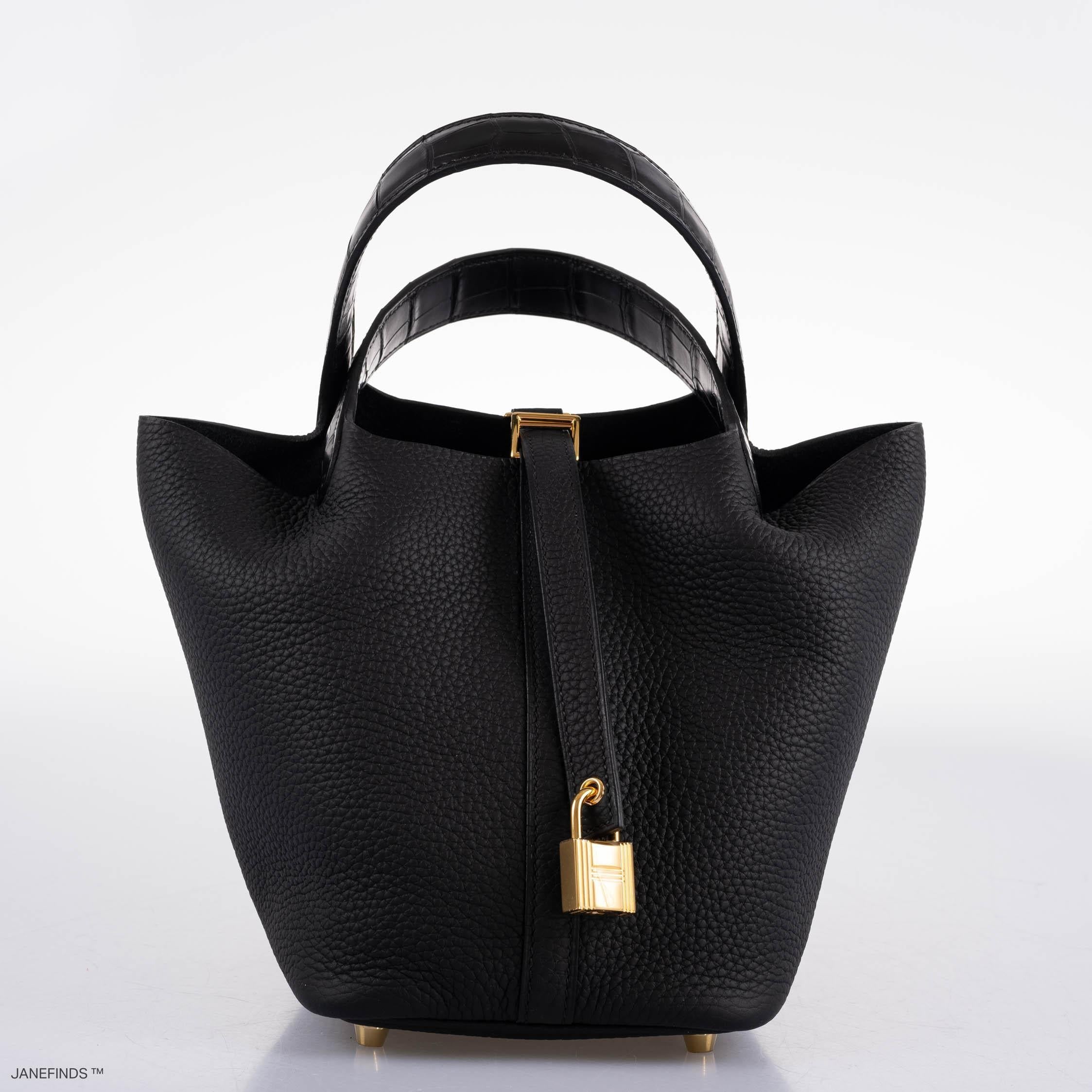 Hermes Picotin Lock Touch 18 PM Black Taurillon Clemence & Matte Alligator Gold Hardware