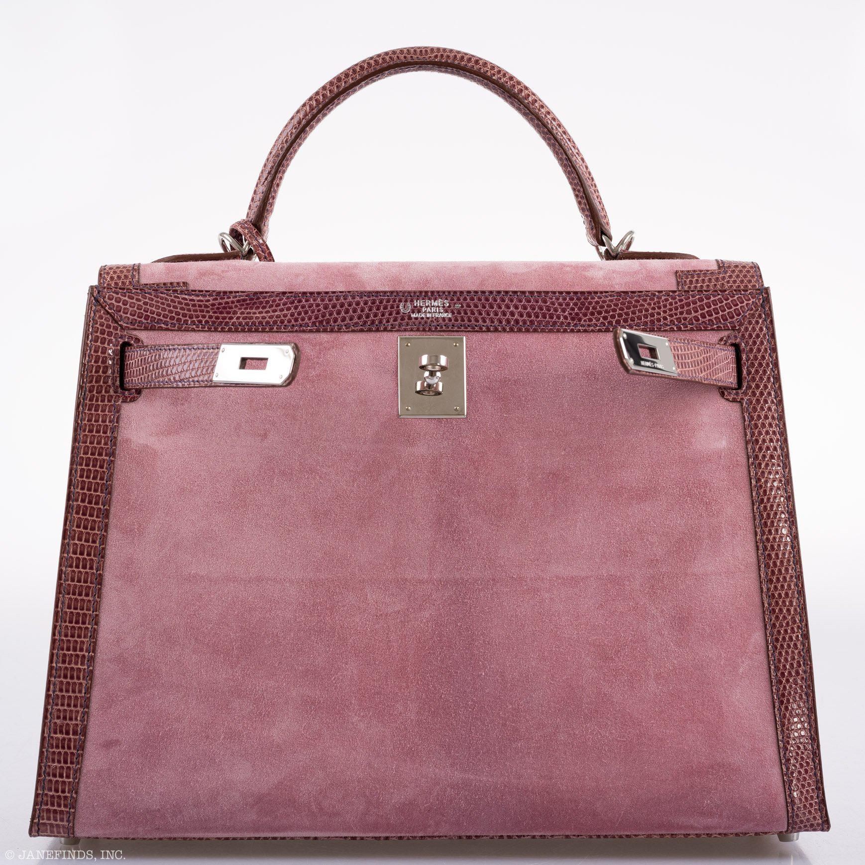 Hermes Unique HSS Kelly 32 Sellier Rose Indienne Doblis Suede & Mauve Lizard with Palladium Hardware - 2012, N Square