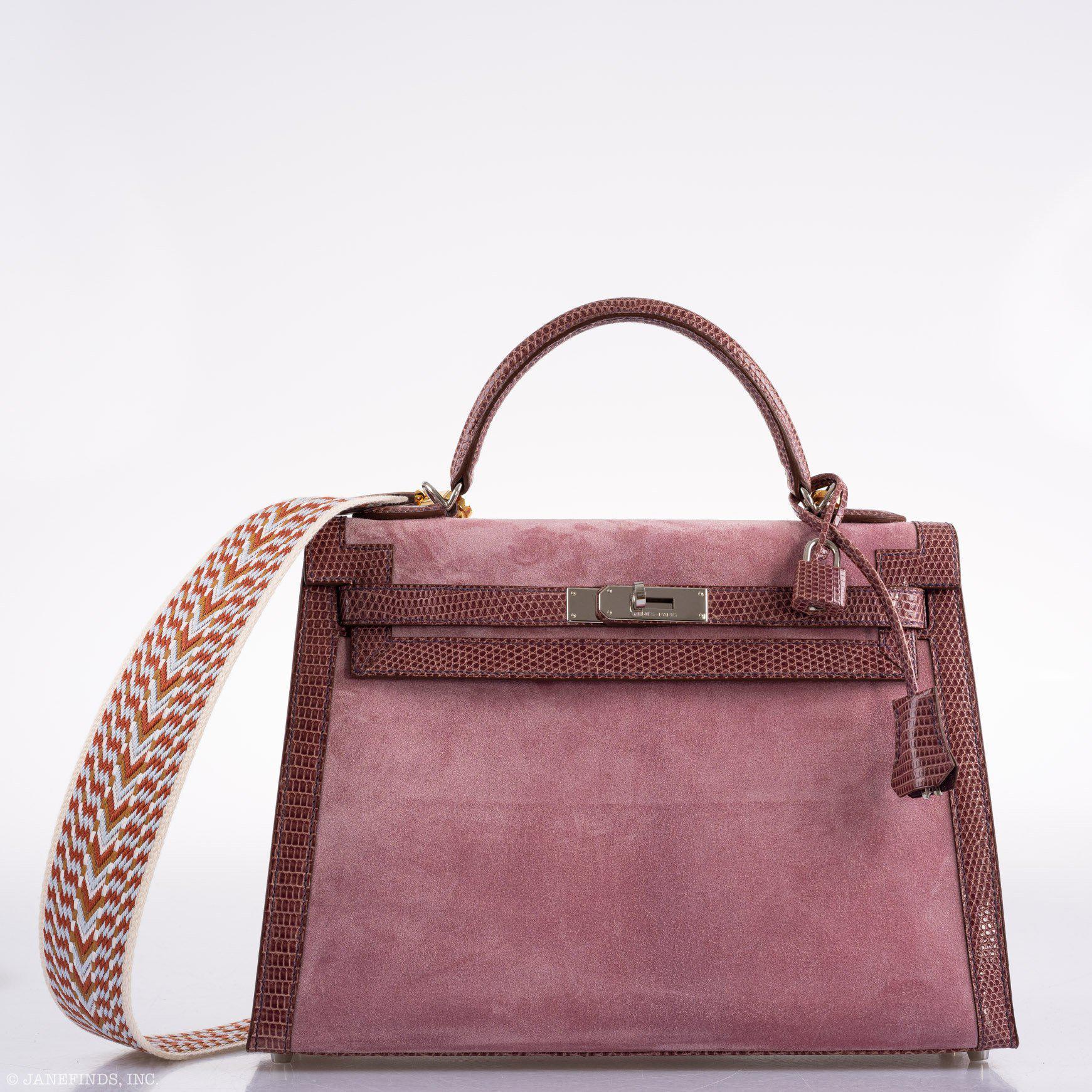 Hermes Unique HSS Kelly 32 Sellier Rose Indienne Doblis Suede & Mauve Lizard with Palladium Hardware - 2012, N Square