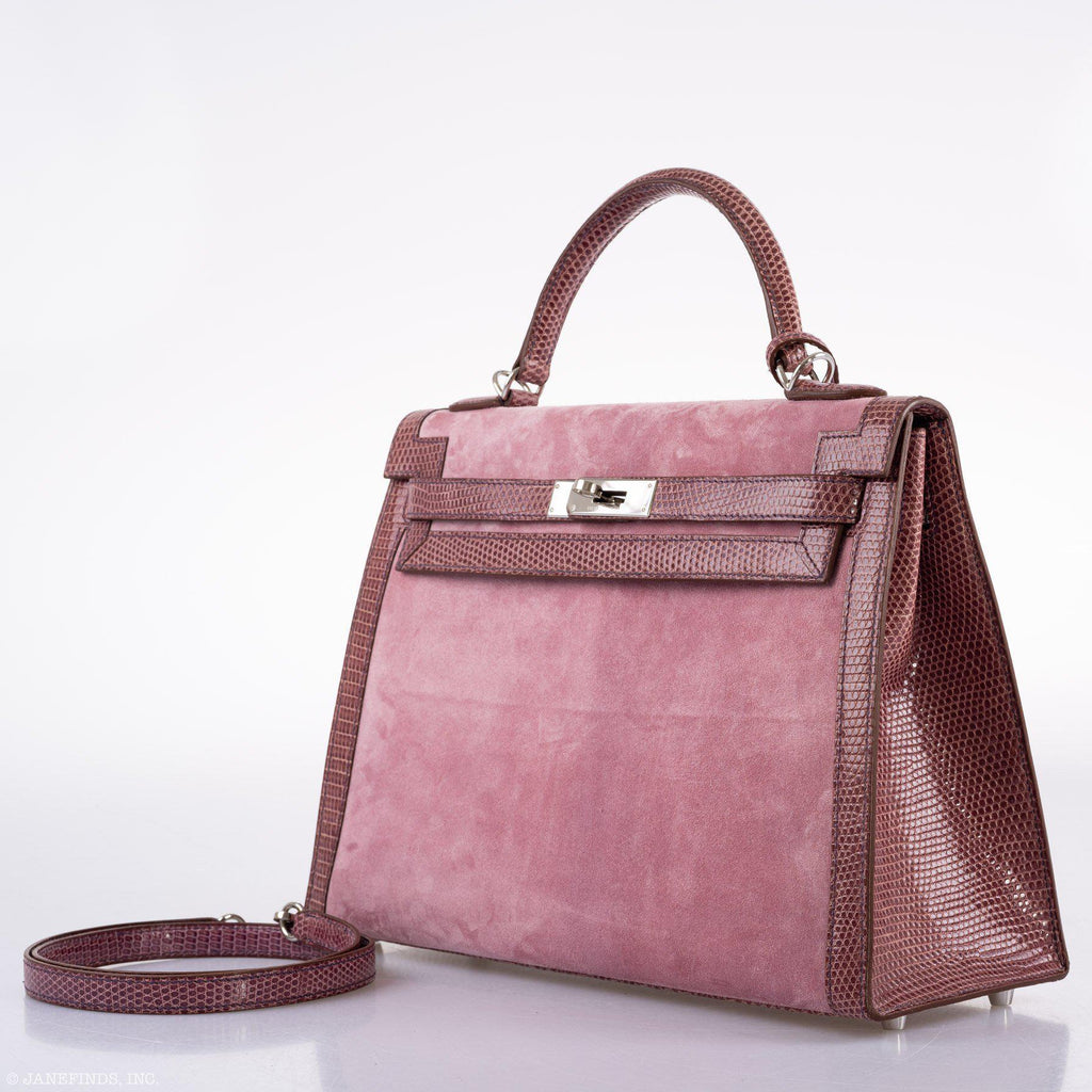 Hermes Unique HSS Kelly 32 Sellier Rose Indienne Doblis Suede & Mauve Lizard with Palladium Hardware - 2012, N Square