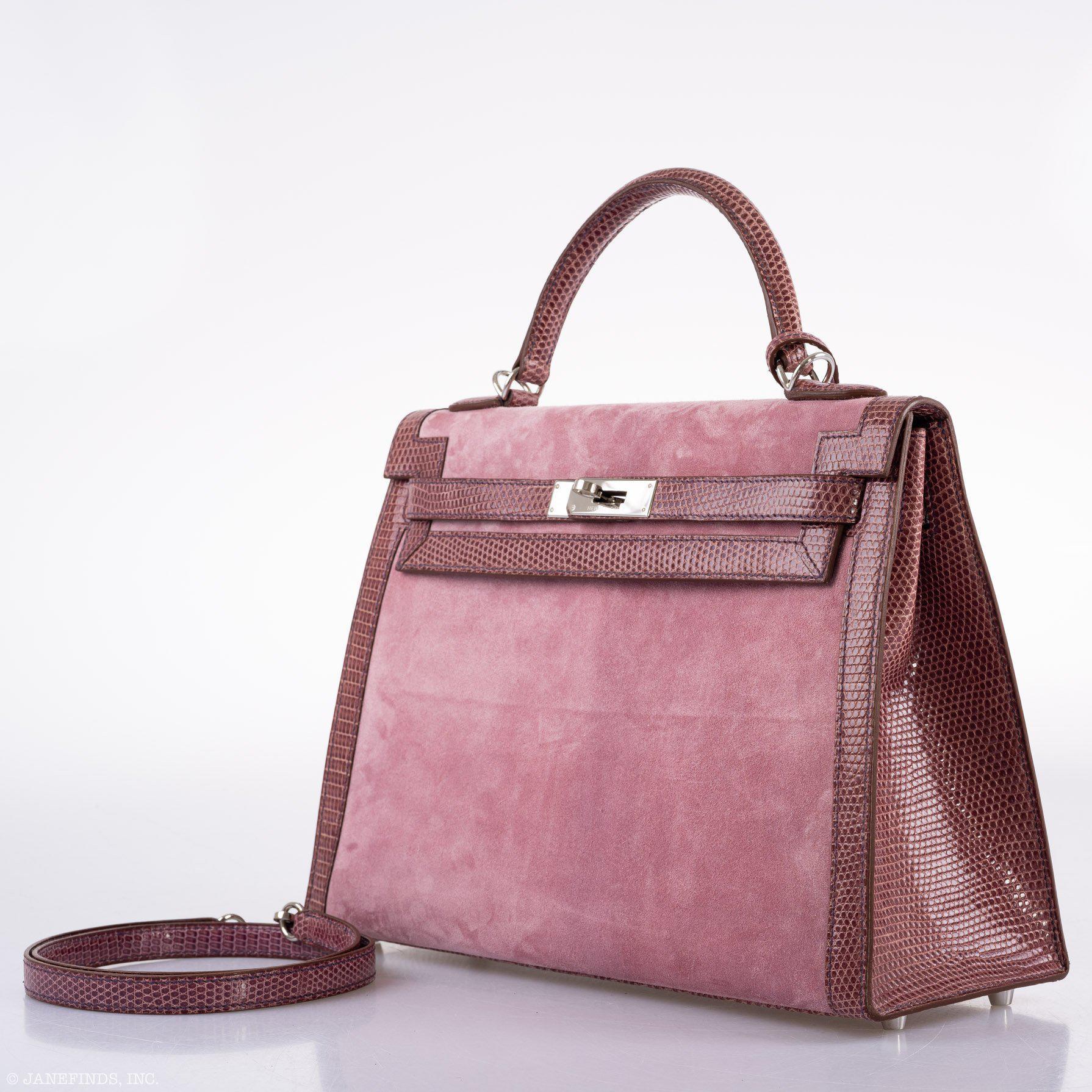 Hermes Unique HSS Kelly 32 Sellier Rose Indienne Doblis Suede & Mauve Lizard with Palladium Hardware - 2012, N Square