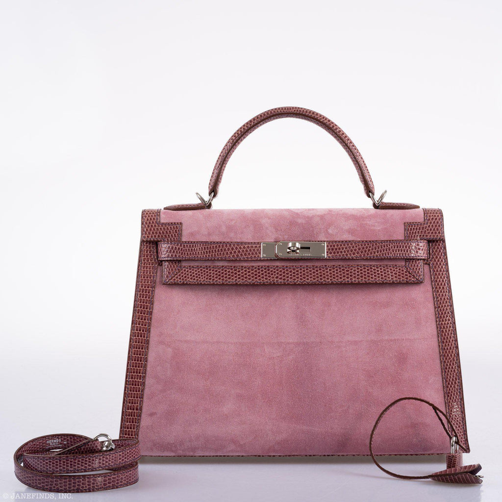 Hermes Unique HSS Kelly 32 Sellier Rose Indienne Doblis Suede & Mauve Lizard with Palladium Hardware - 2012, N Square
