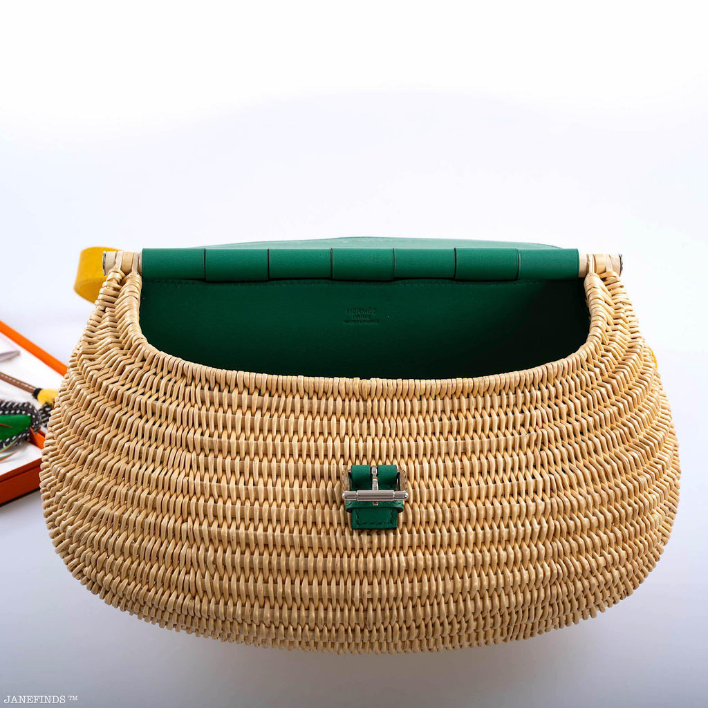 Hermes Wicker Fish Basket Crossbody, Vert Vertigo Swift with Palladium Hardware