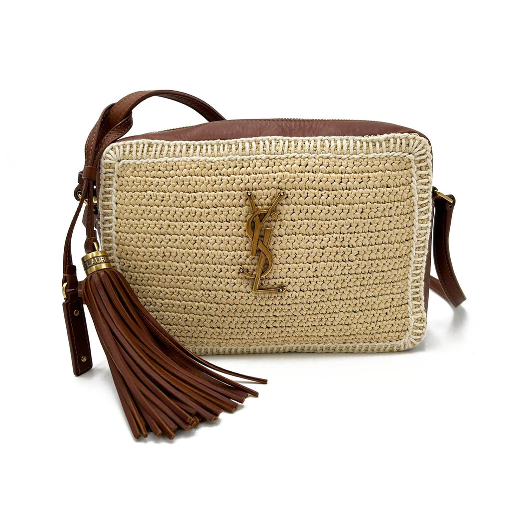 Saint Laurent Monogram Lou Camera Raffia Canvas Beige Brown Leather Shoulder Bag