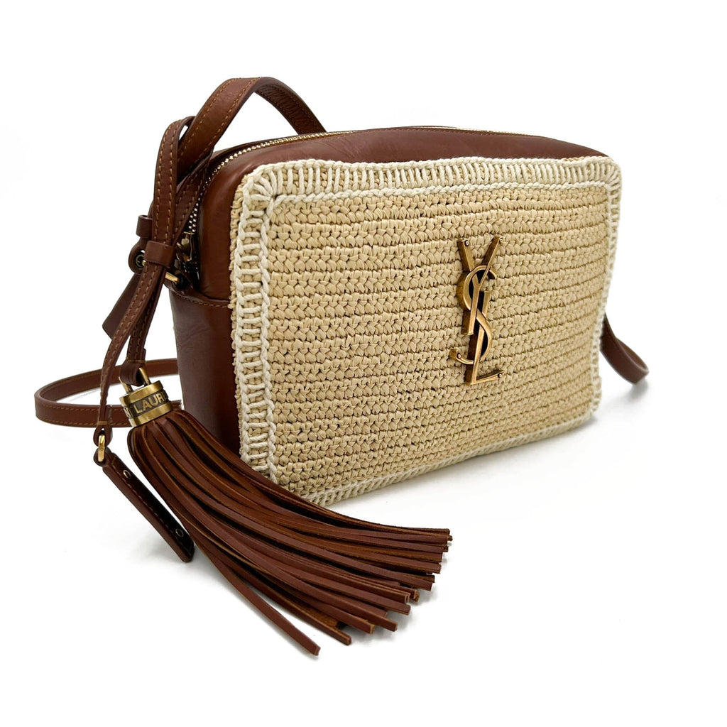 Saint Laurent Monogram Lou Camera Raffia Canvas Beige Brown Leather Shoulder Bag