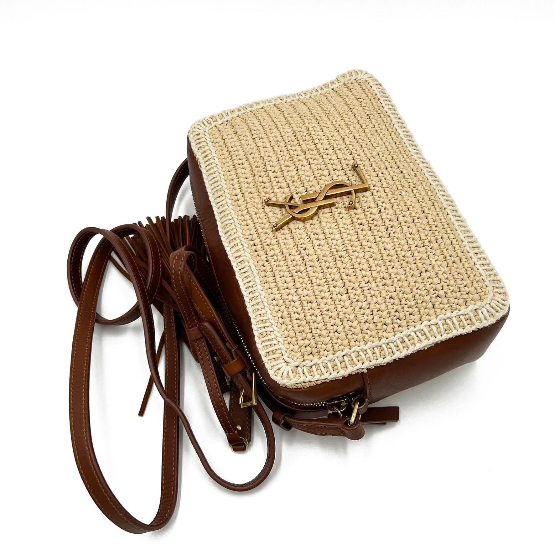 Saint Laurent Monogram Lou Camera Raffia Canvas Beige Brown Leather Shoulder Bag