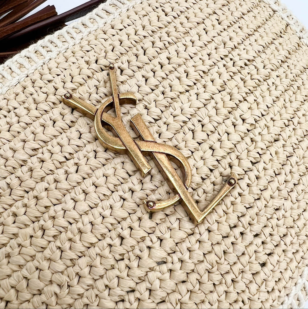 Saint Laurent Monogram Lou Camera Raffia Canvas Beige Brown Leather Shoulder Bag