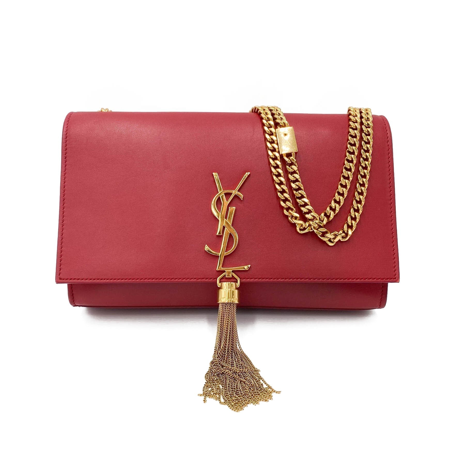 Saint Laurent Monogram Kate Smooth Medium Classic Tassel Red Calfskin Leather Satchel
