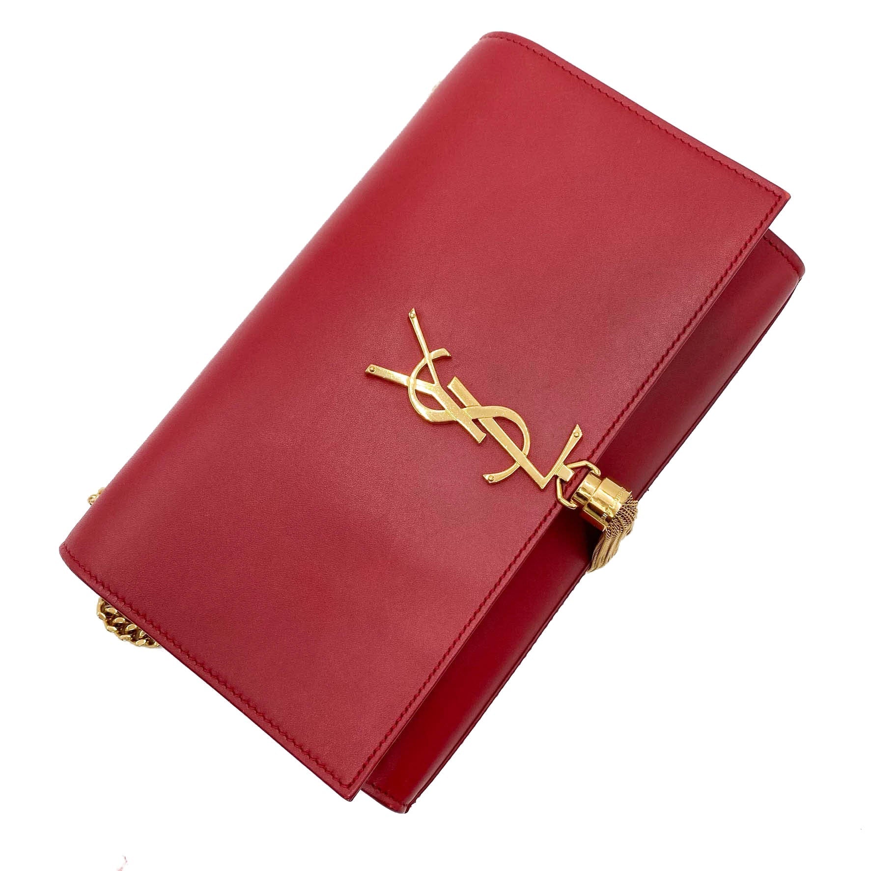Saint Laurent Monogram Kate Smooth Medium Classic Tassel Red Calfskin Leather Satchel