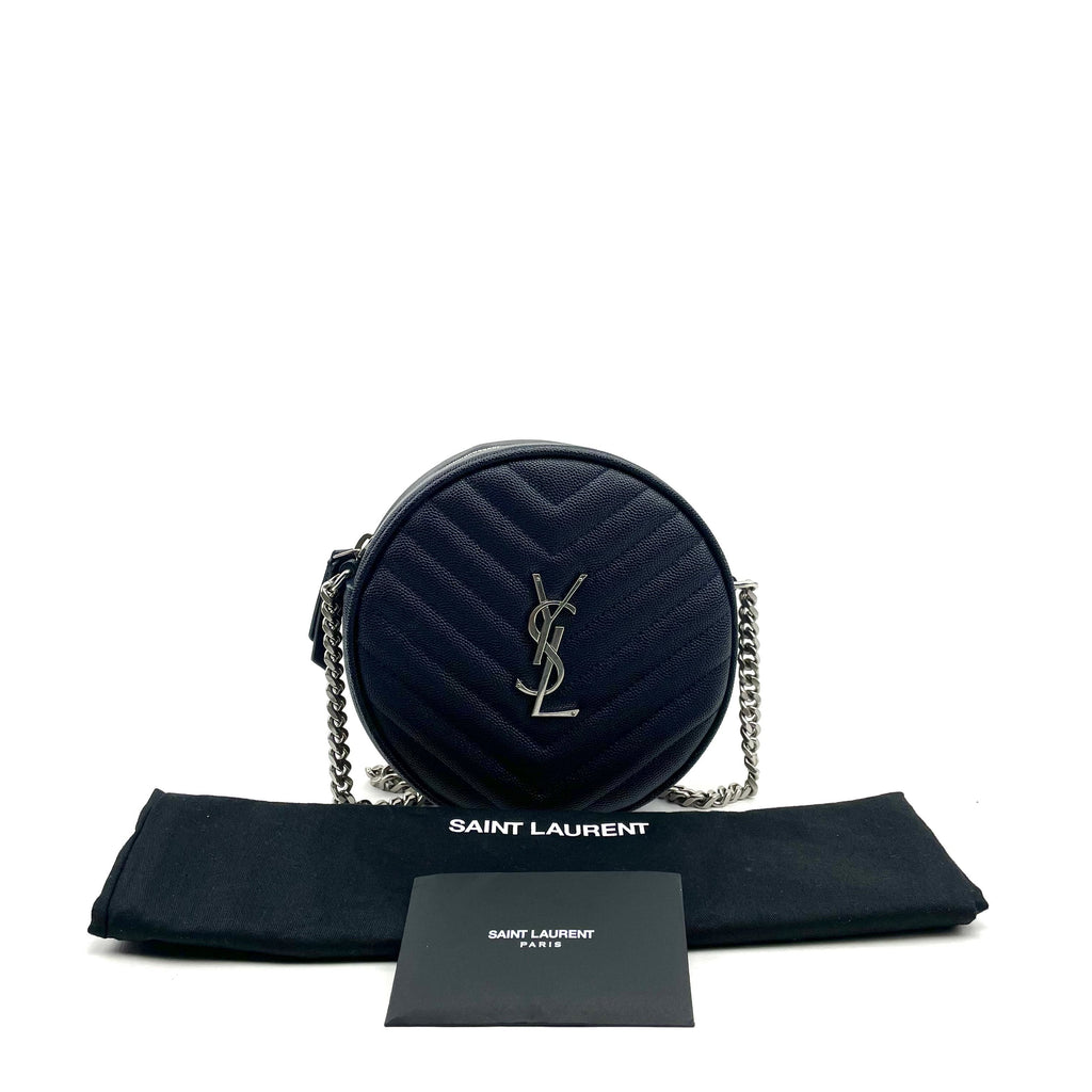 SAINT LAURENT Vinyle YSL Round Quilted Grain de Poudre Crossbody Blue