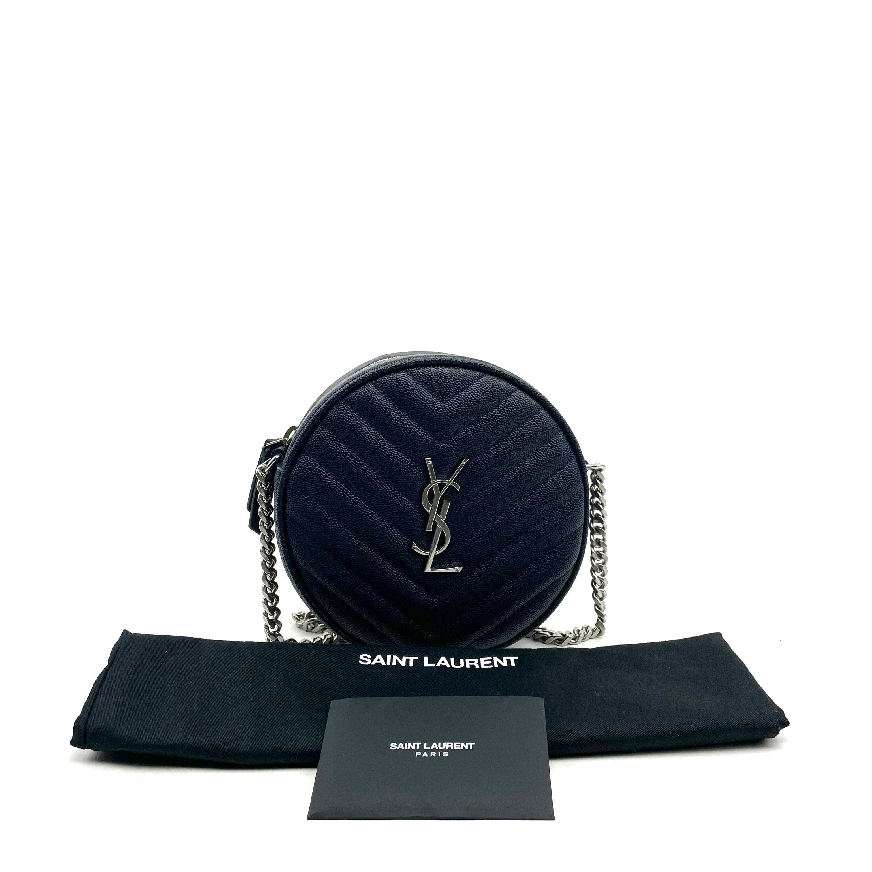 SAINT LAURENT Vinyle YSL Round Quilted Grain de Poudre Crossbody Blue