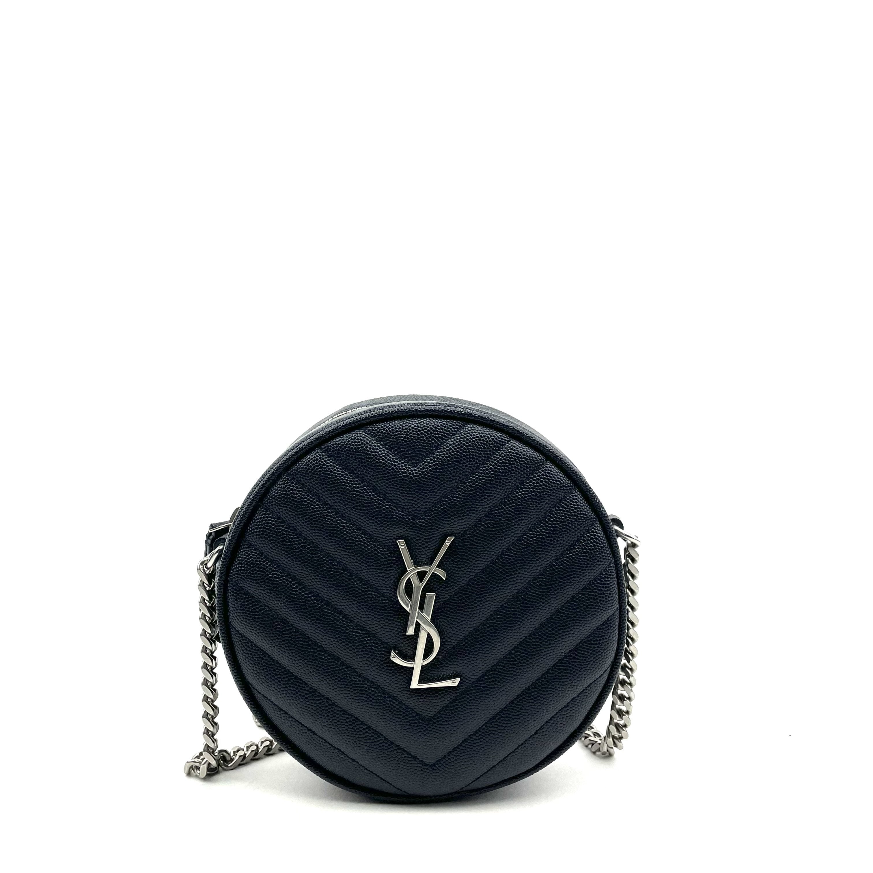 SAINT LAURENT Vinyle YSL Round Quilted Grain de Poudre Crossbody Blue