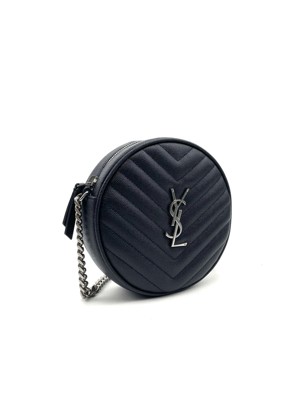 SAINT LAURENT Vinyle YSL Round Quilted Grain de Poudre Crossbody Blue