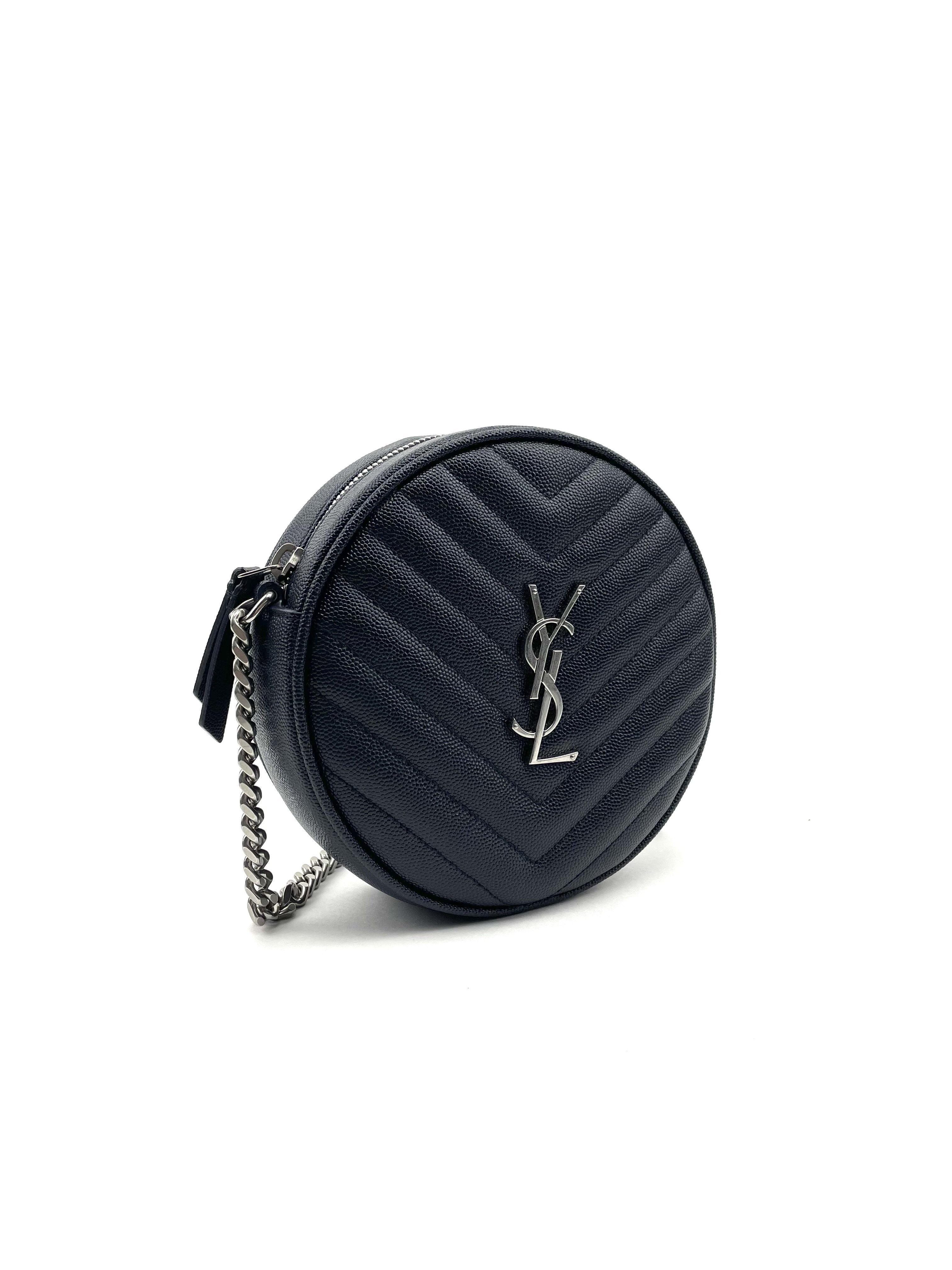 SAINT LAURENT Vinyle YSL Round Quilted Grain de Poudre Crossbody Blue