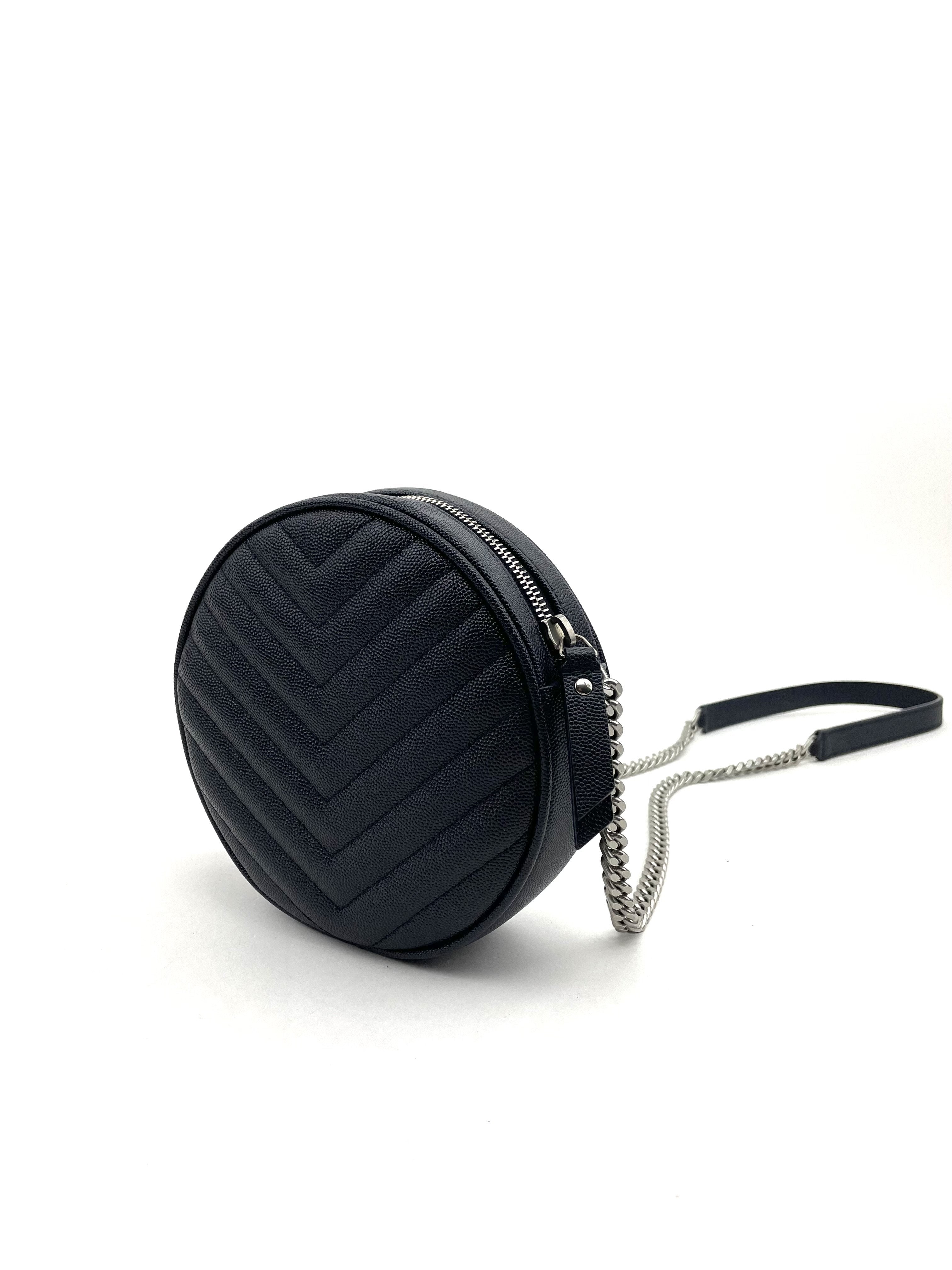 SAINT LAURENT Vinyle YSL Round Quilted Grain de Poudre Crossbody Blue