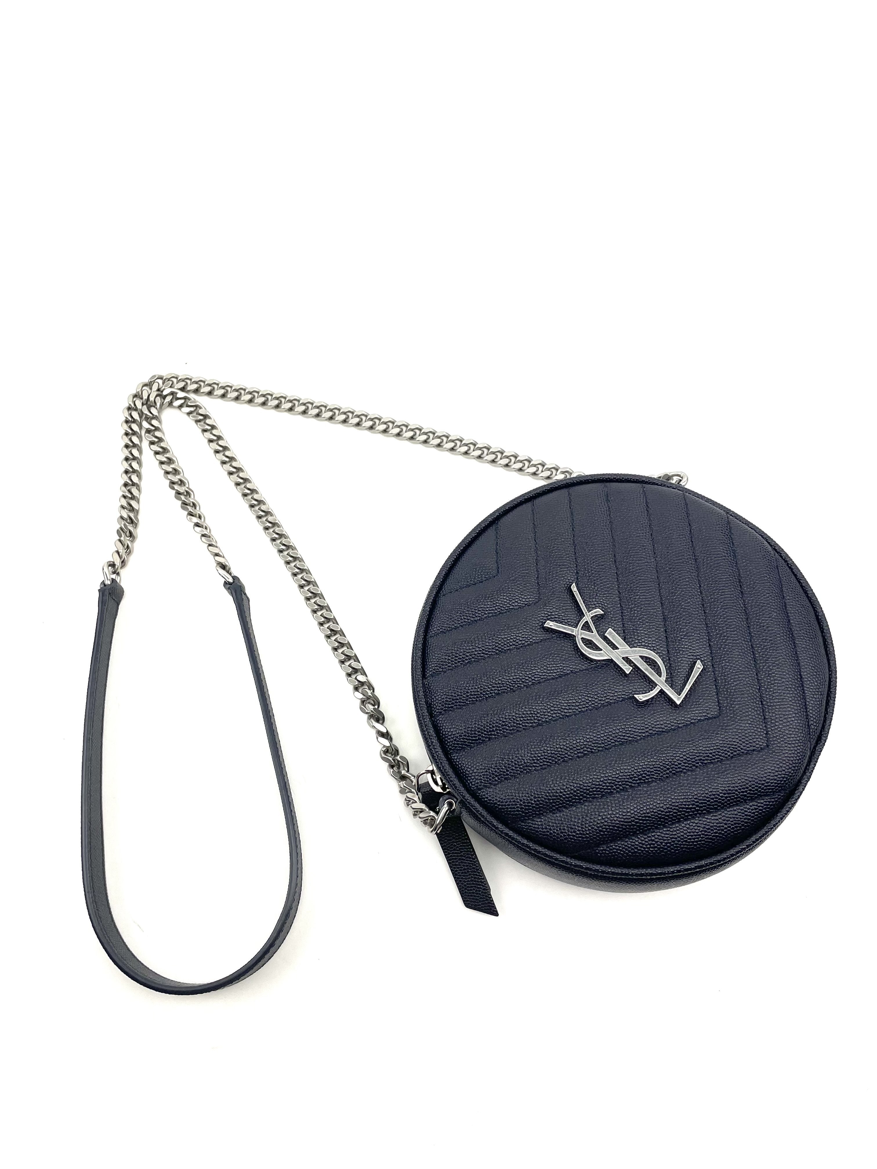 SAINT LAURENT Vinyle YSL Round Quilted Grain de Poudre Crossbody Blue