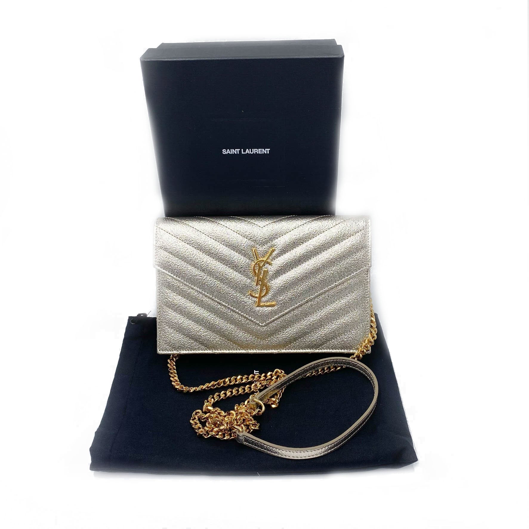 Saint Laurent Monogram Envelope Chain Wallet Metallic Silver Calfskin Leather Shoulder Bag