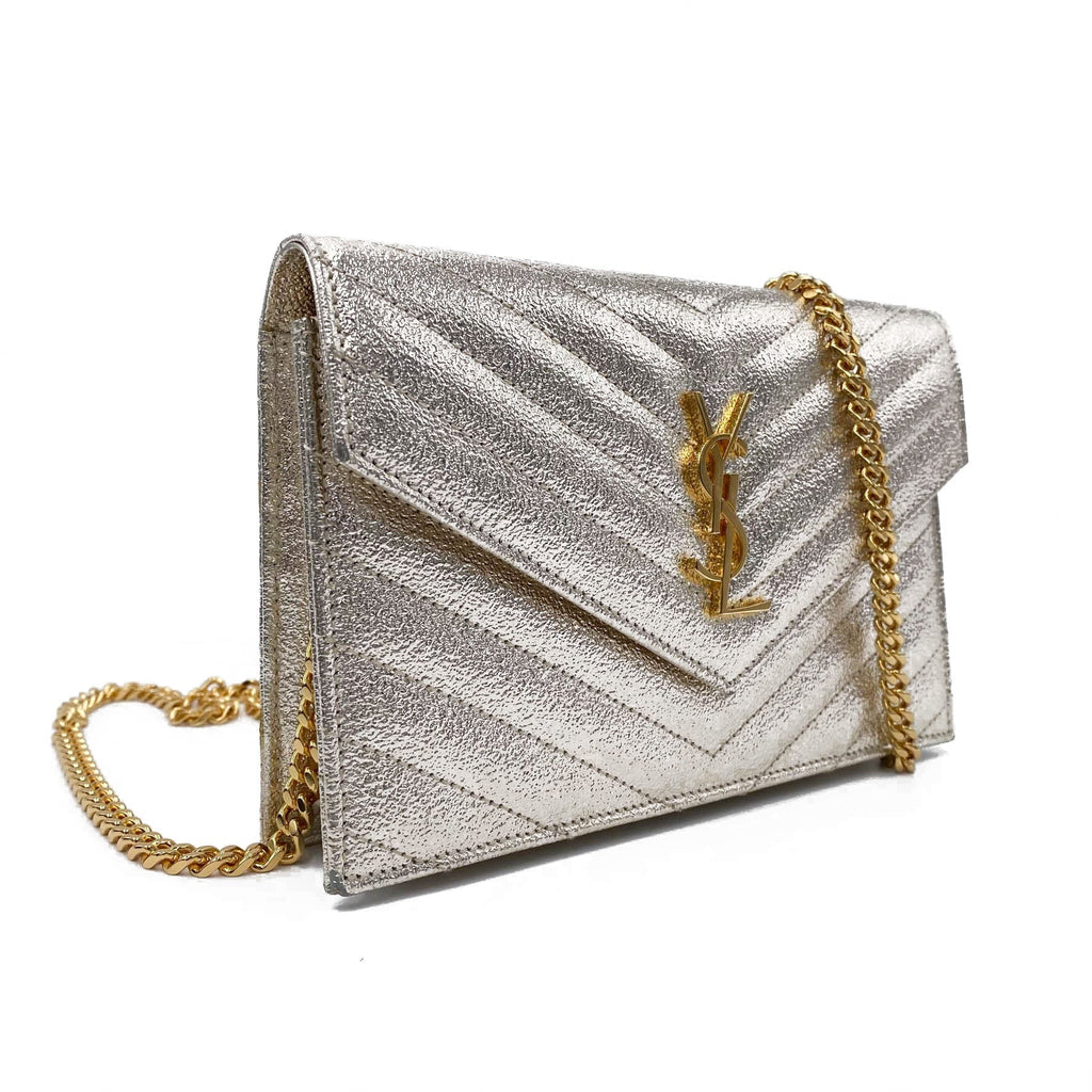 Saint Laurent Monogram Envelope Chain Wallet Metallic Silver Calfskin Leather Shoulder Bag