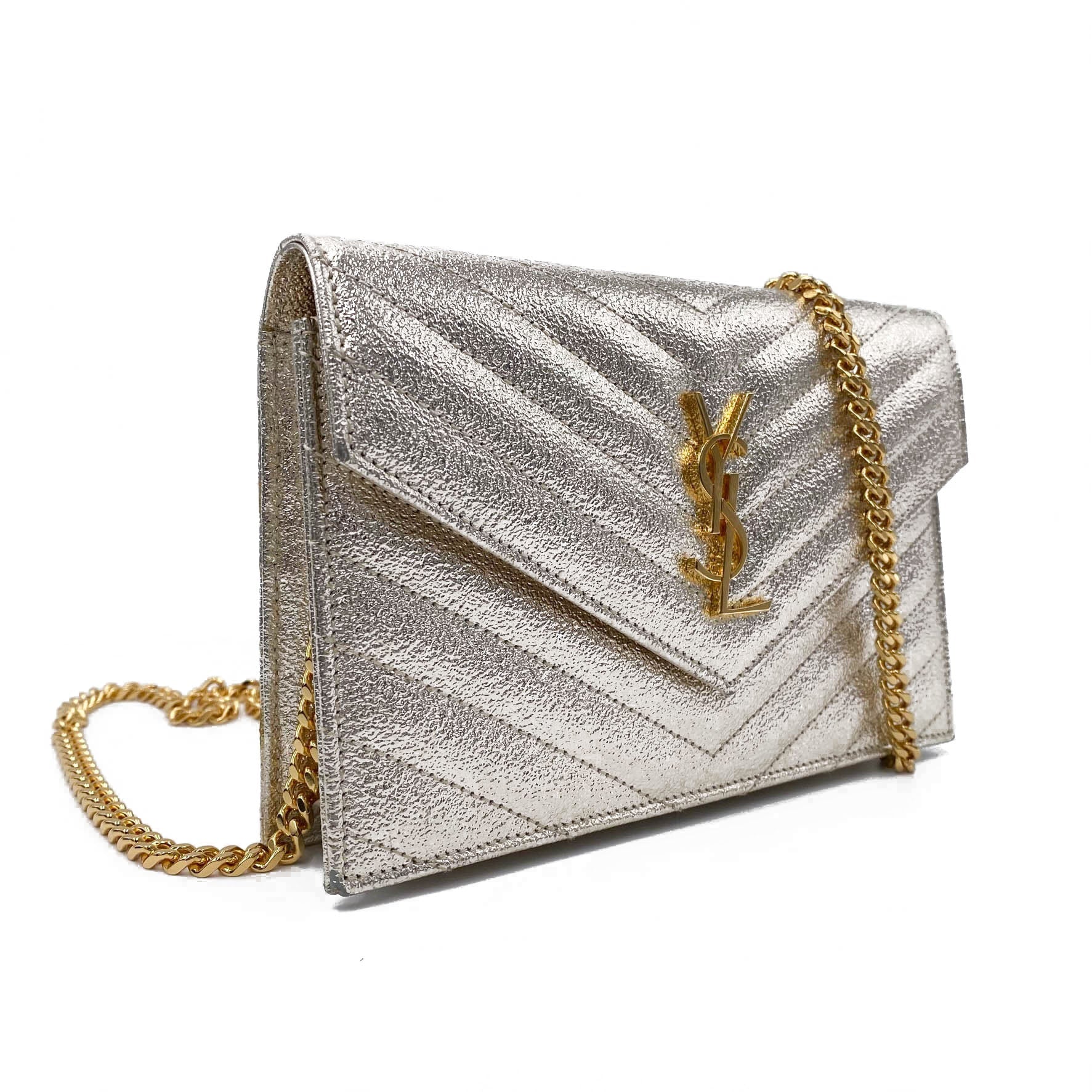 Saint Laurent Monogram Envelope Chain Wallet Metallic Silver Calfskin Leather Shoulder Bag
