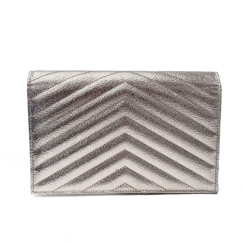 Saint Laurent Monogram Envelope Chain Wallet Metallic Silver Calfskin Leather Shoulder Bag