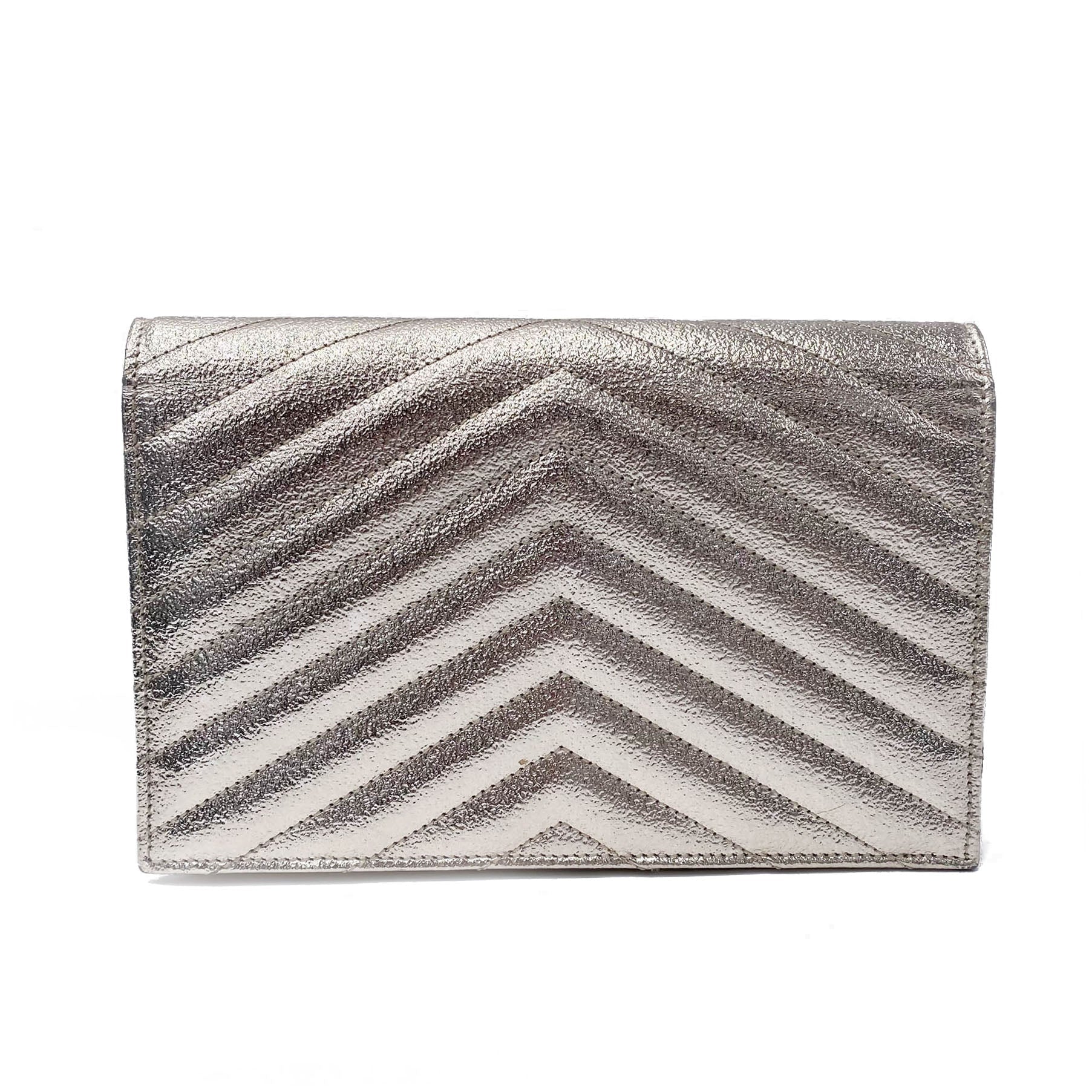 Saint Laurent Monogram Envelope Chain Wallet Metallic Silver Calfskin Leather Shoulder Bag