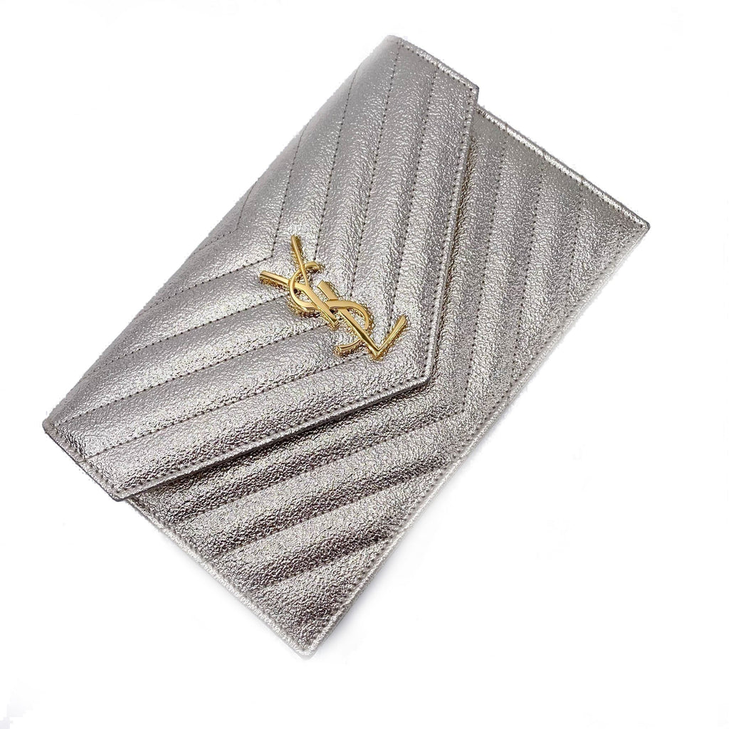 Saint Laurent Monogram Envelope Chain Wallet Metallic Silver Calfskin Leather Shoulder Bag