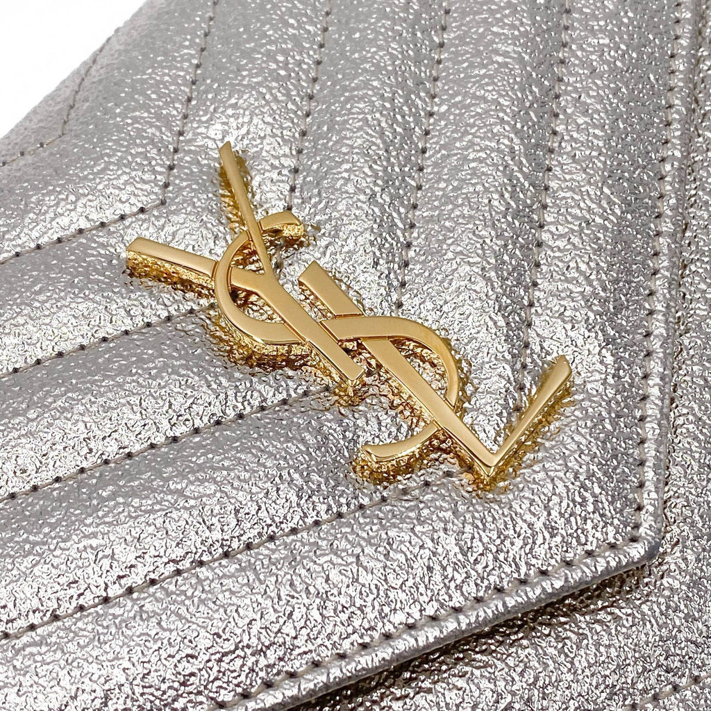 Saint Laurent Monogram Envelope Chain Wallet Metallic Silver Calfskin Leather Shoulder Bag